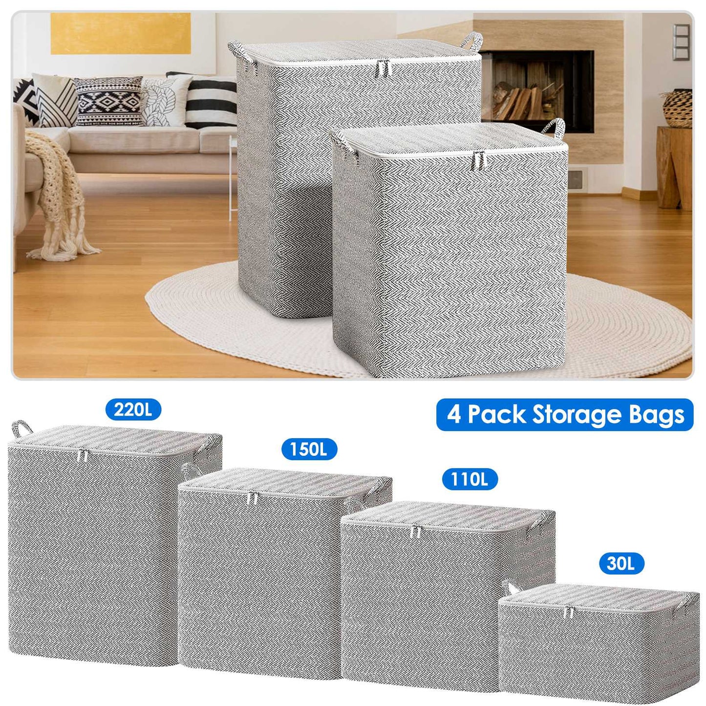 4 Pack Foldable Non Woven Storage Bags Closet Organizers Wardrobe Sorting Baskets with 2 Handles Dustproof Lid Zipper for Clothes Quilt 30L 110L 150L