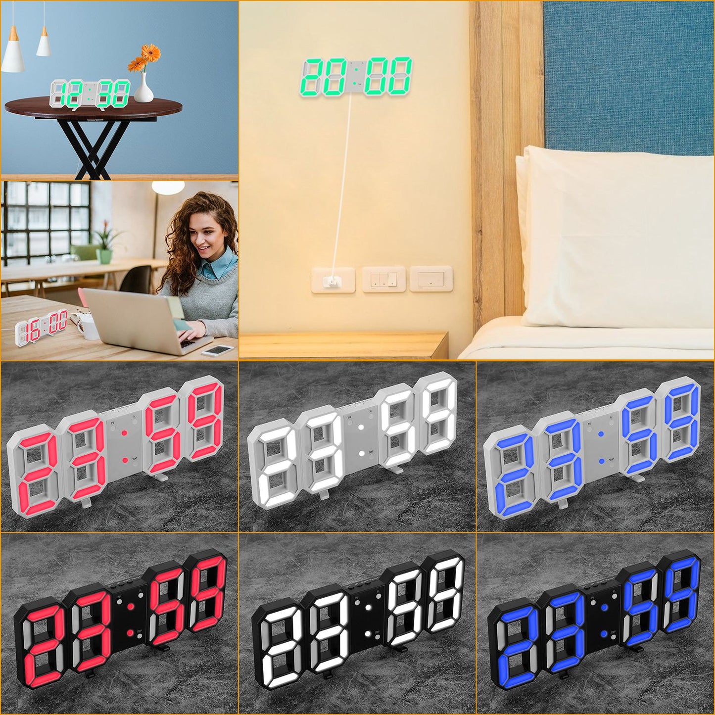 3D LED Digital Wall Clock Sound Control Table Desk Alarm Clock w/ 3 Auto Adjustable Brightness Snooze Date Temperature 12/24Hr Time Display For Office