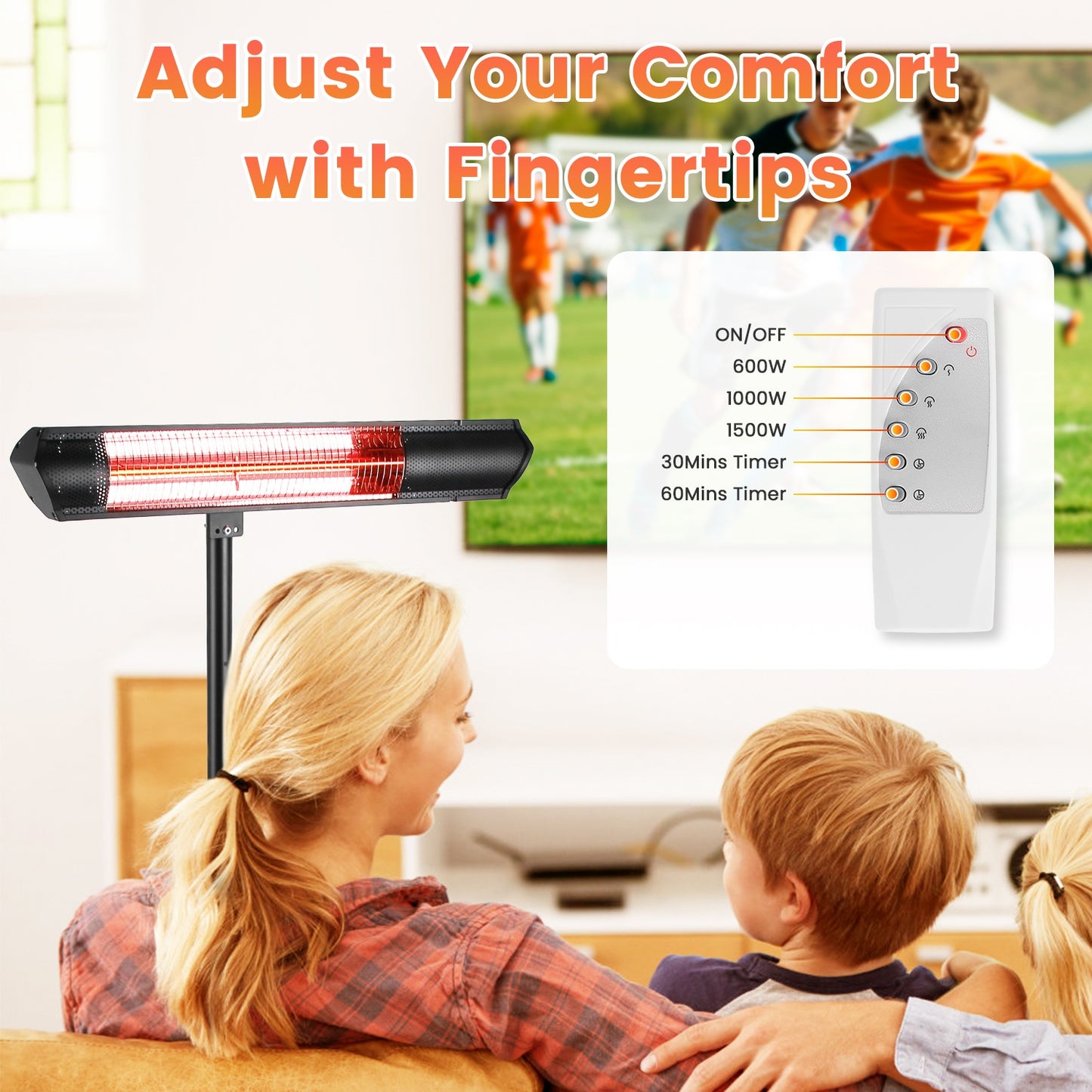 1500W Infrared Patio Heater with Stand, 3 Heat Levels & Remote