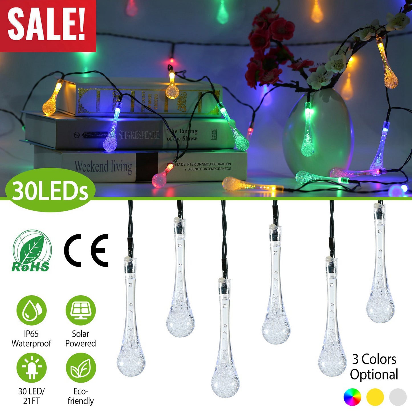 Outdoor Solar String Lights 21 Feet 30 LEDs Water Drop Solar Powered Lights Waterproof Solar Fairy Lights Decorative Solar Powered Lights for Home Pat