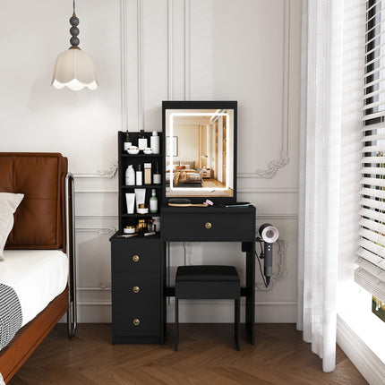Vanity Desk Set with Lighted Mirror, 4 Drawers & Stool
