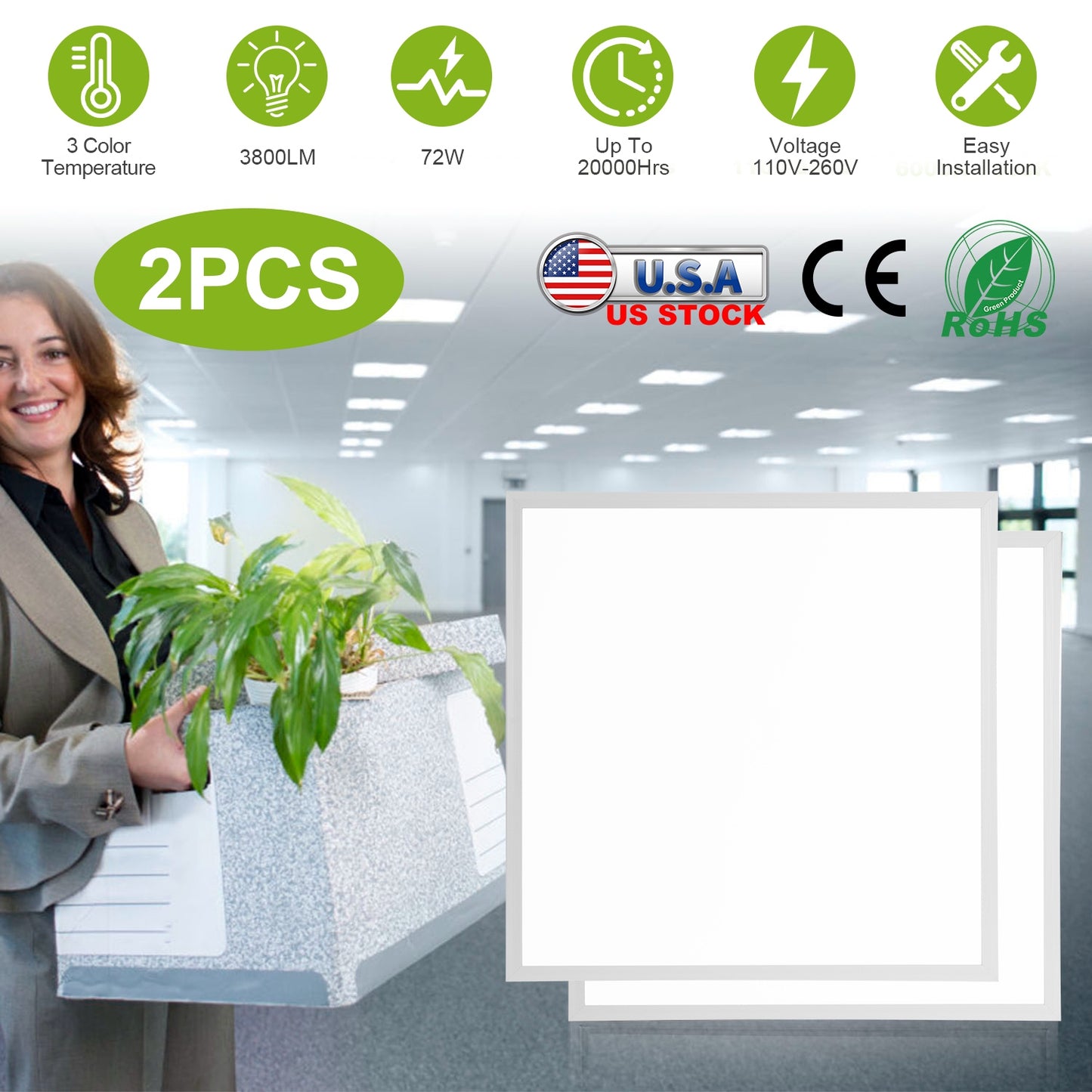 2Pcs 72W 2 2FT LED Panel Light 3800LM Flat Ceiling Light with 3 Lighting Color Temperature Equivalent LED Troffer Recessed Edge-Lit Switchable CCT 110