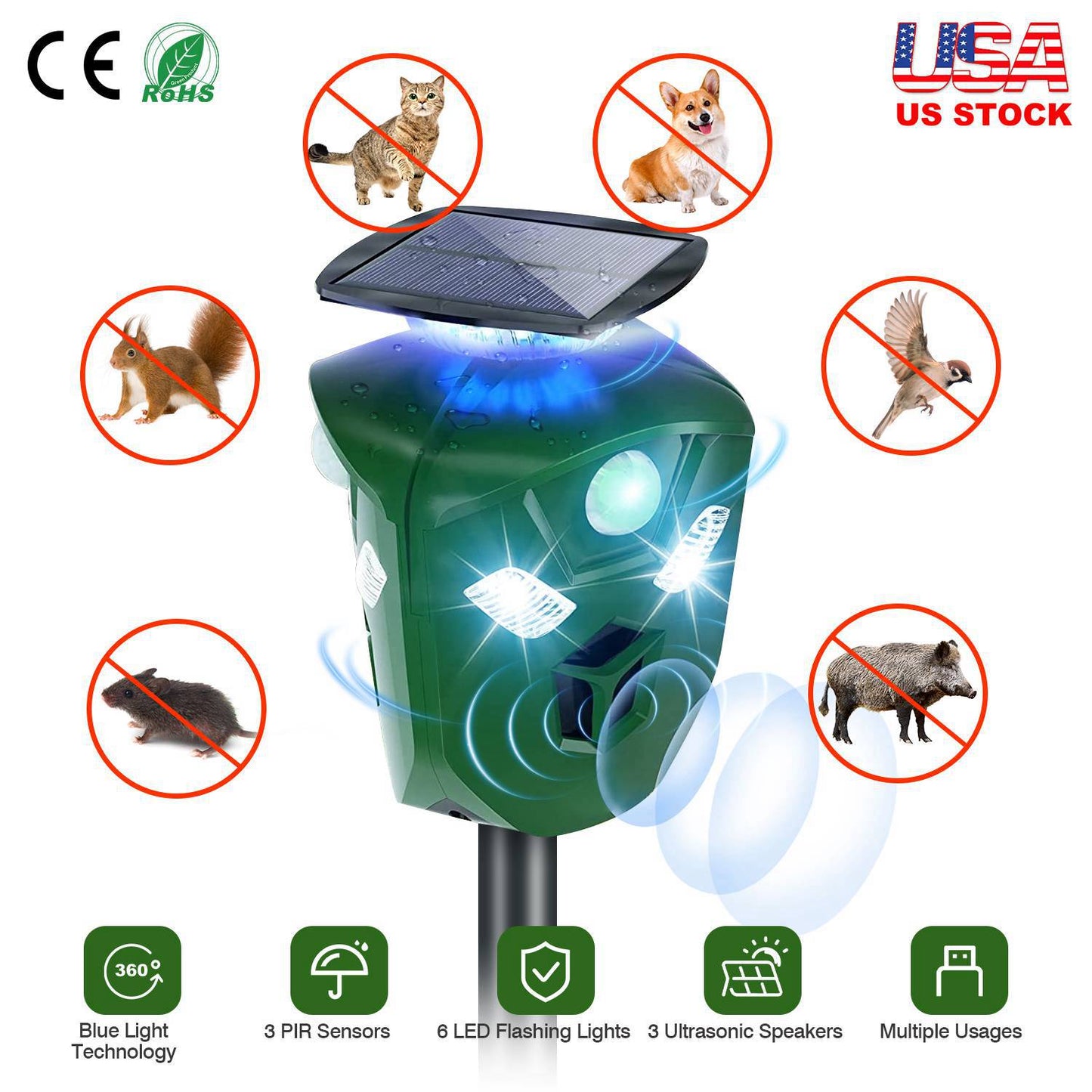 Electric Solar Powered Ultrasonic Animal Repeller 360¡ Ultrasonic Animal Driver with Motion Sensor LED Flashing Lights Waterproof Outdoor Animal Repel