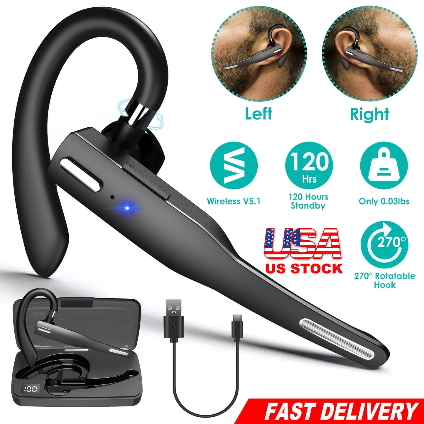 Unilateral Wireless V5.1 Business Earpiece with Charging Case Rechargeable Wireless in-Ear Headset with Hook for Car Driving Phone Call Office