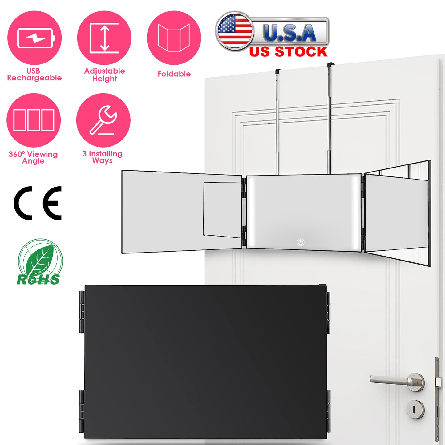 3 Way Mirror with LED Telescopic Hanger Tri-fold Mirror Personal Makeup Mirror with Micro USB Cable for Self Shaving Hair Cutting Dyeing Curling Braid