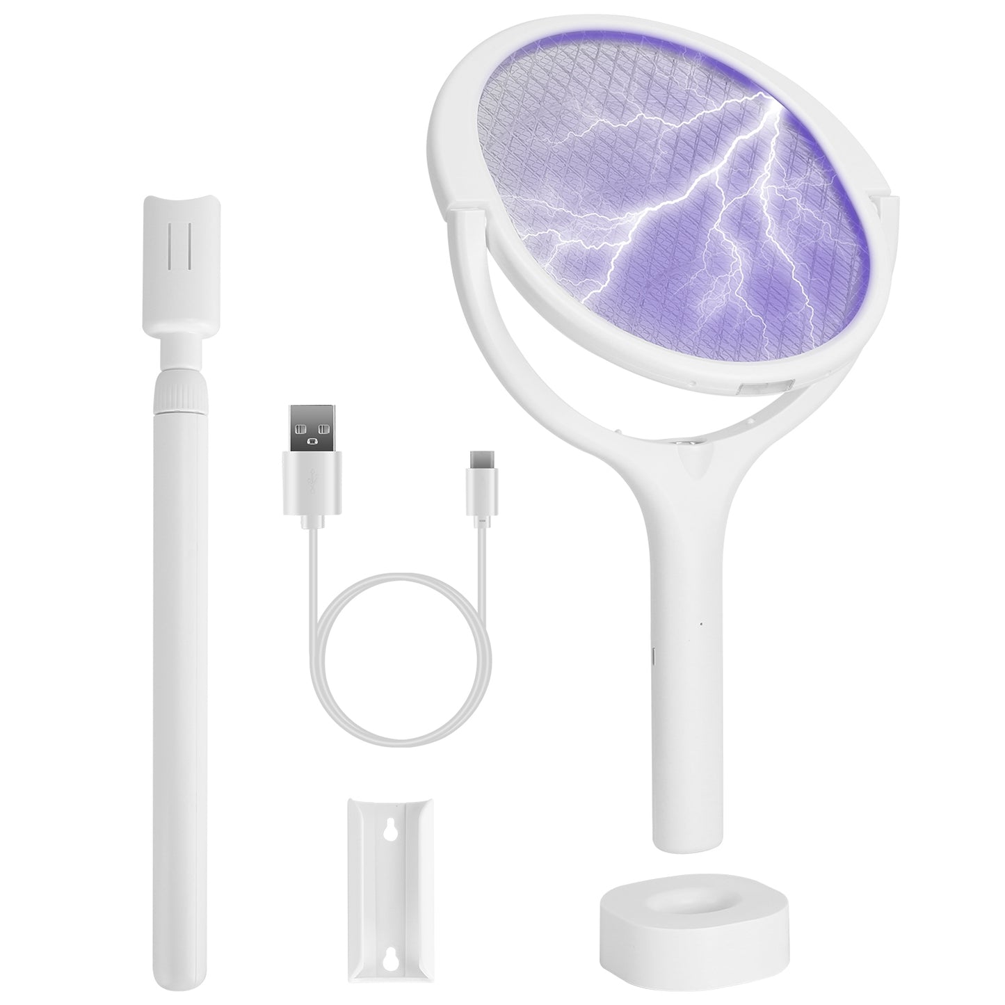 3 In 1 Electric Bug Zapper Racket 90¼Rotating Bug Zapper Wand Indoor Outdoor Handheld Mosquito Swatter with Telescopic Extension Wand