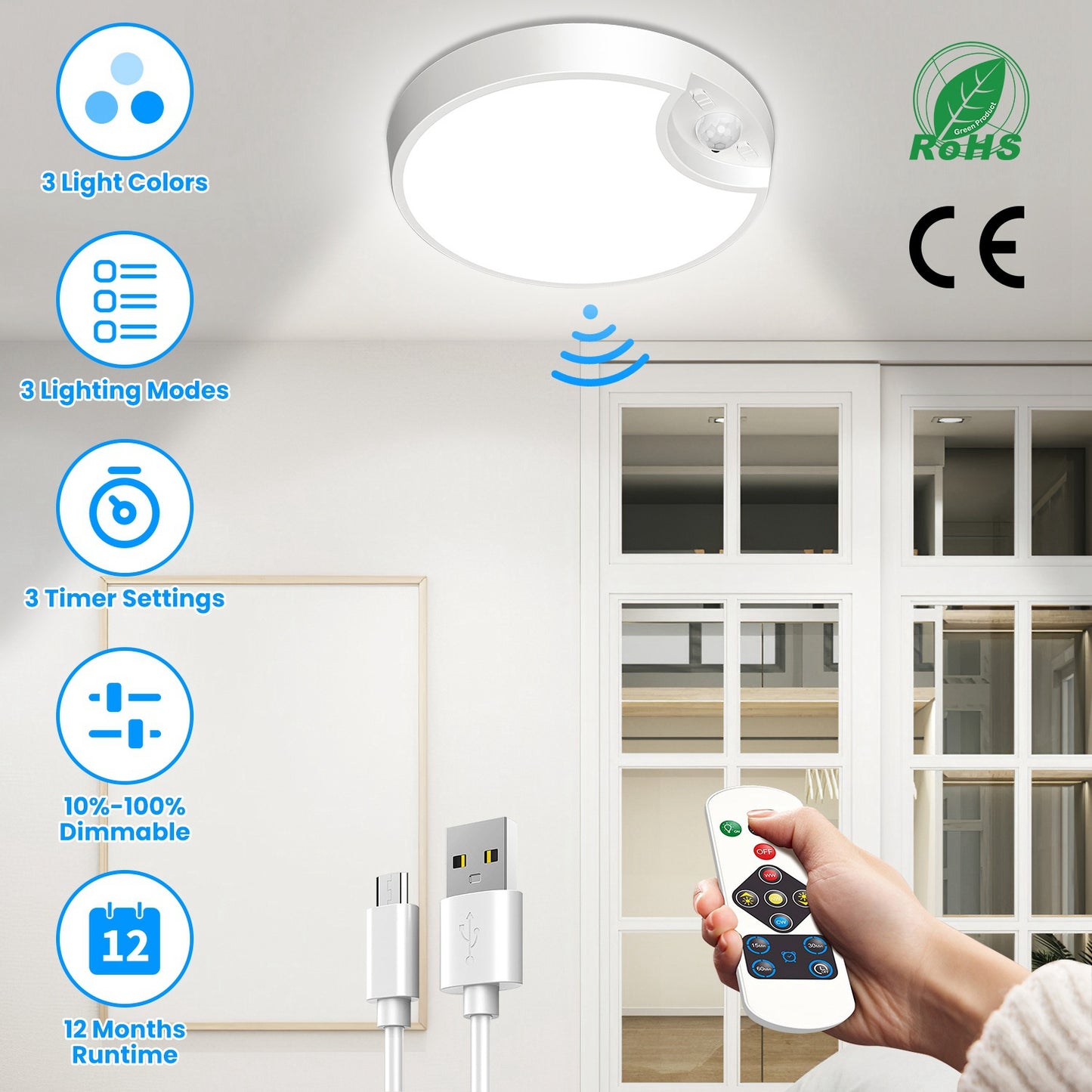 Rechargeable Motion Sensor Ceiling Light Dimmable LED Ceiling Light with Remote Timer 3 Light Colors 3 Modes for Stairs Garage Bathroom