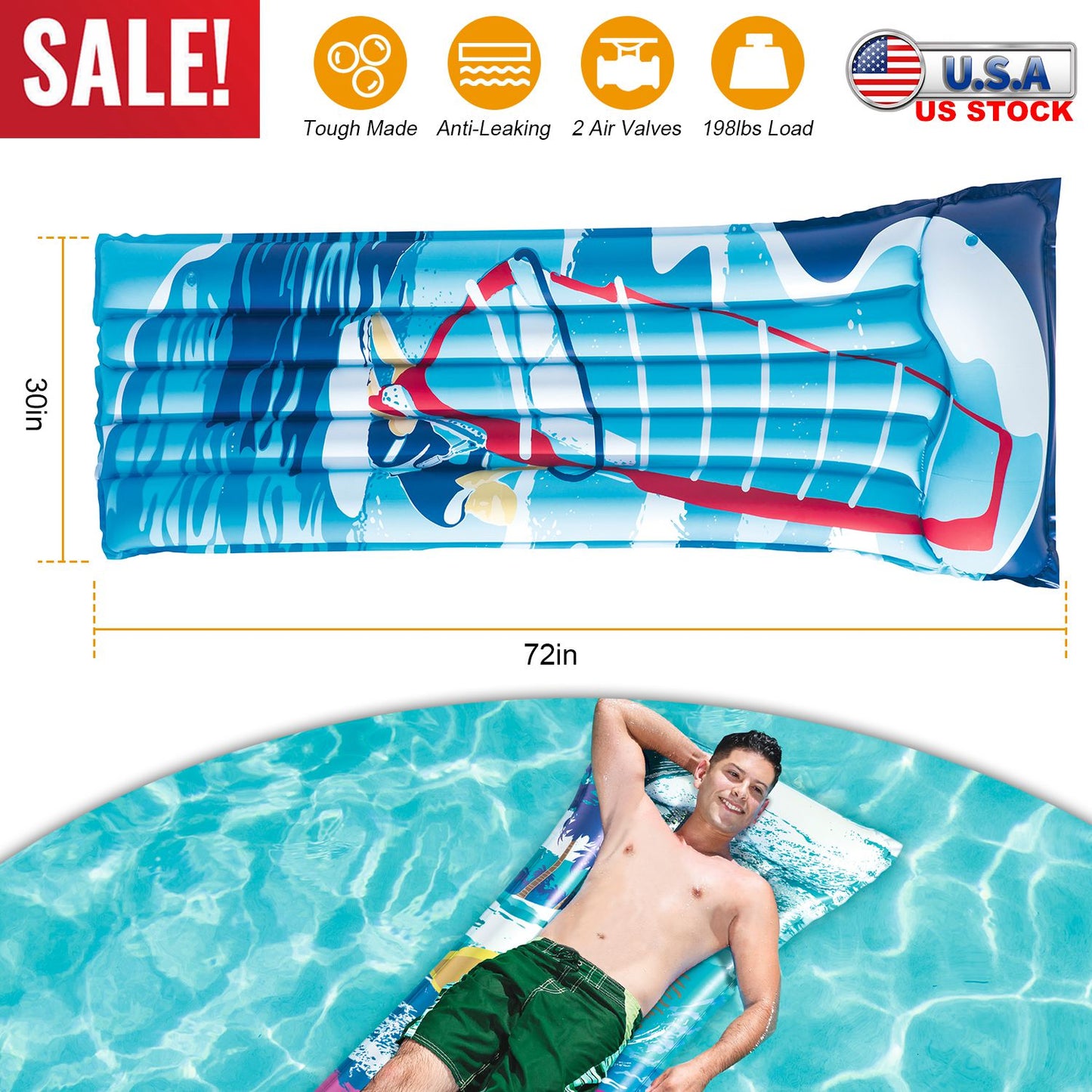 72" Inflatable Pool Float Raft Float Lounge Swimming Pool Mat with Pillow Air Mat Mattress for Adults & Kids