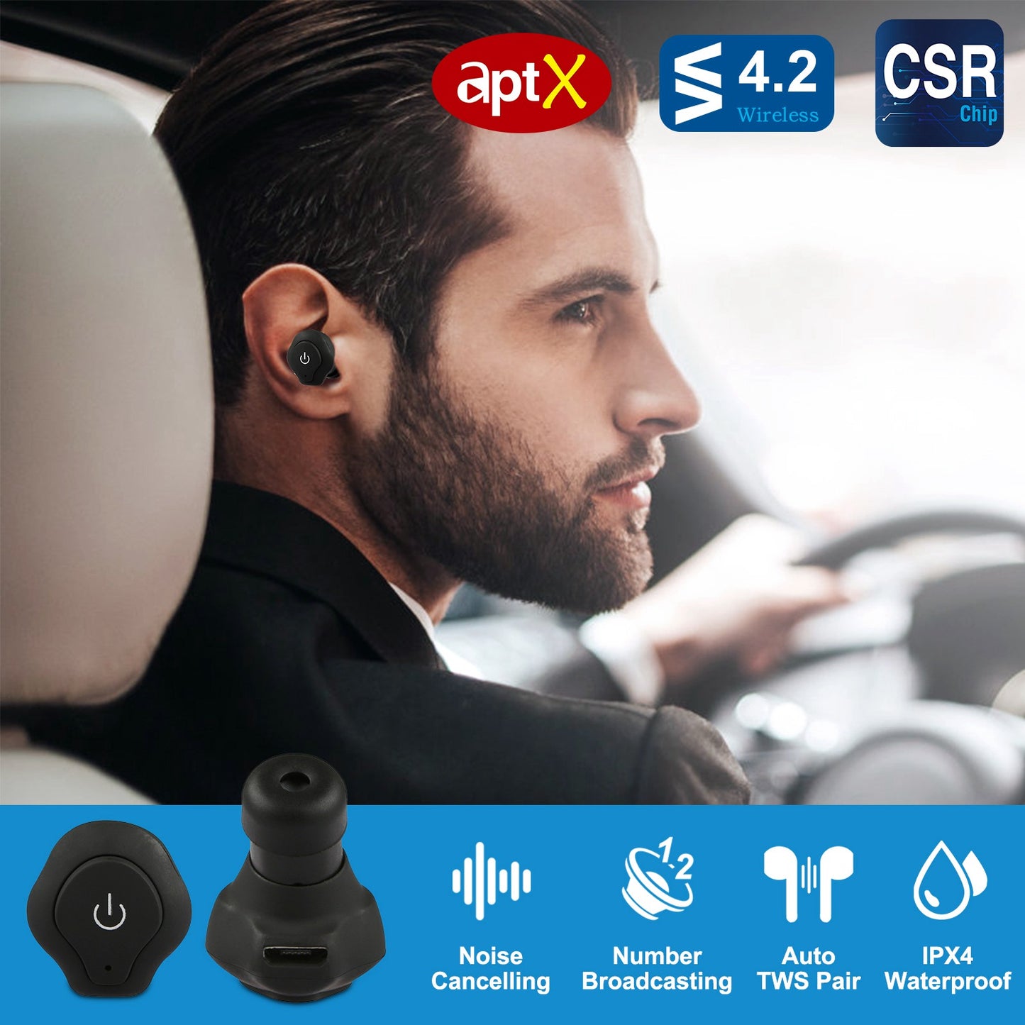 True Wireless Earbuds CSR V4.2 In-ear Stereo Headsets IP44 Waterproof Apt-X TWS Headphones Noise Cancelling w/ Mic for Business Driving Walking