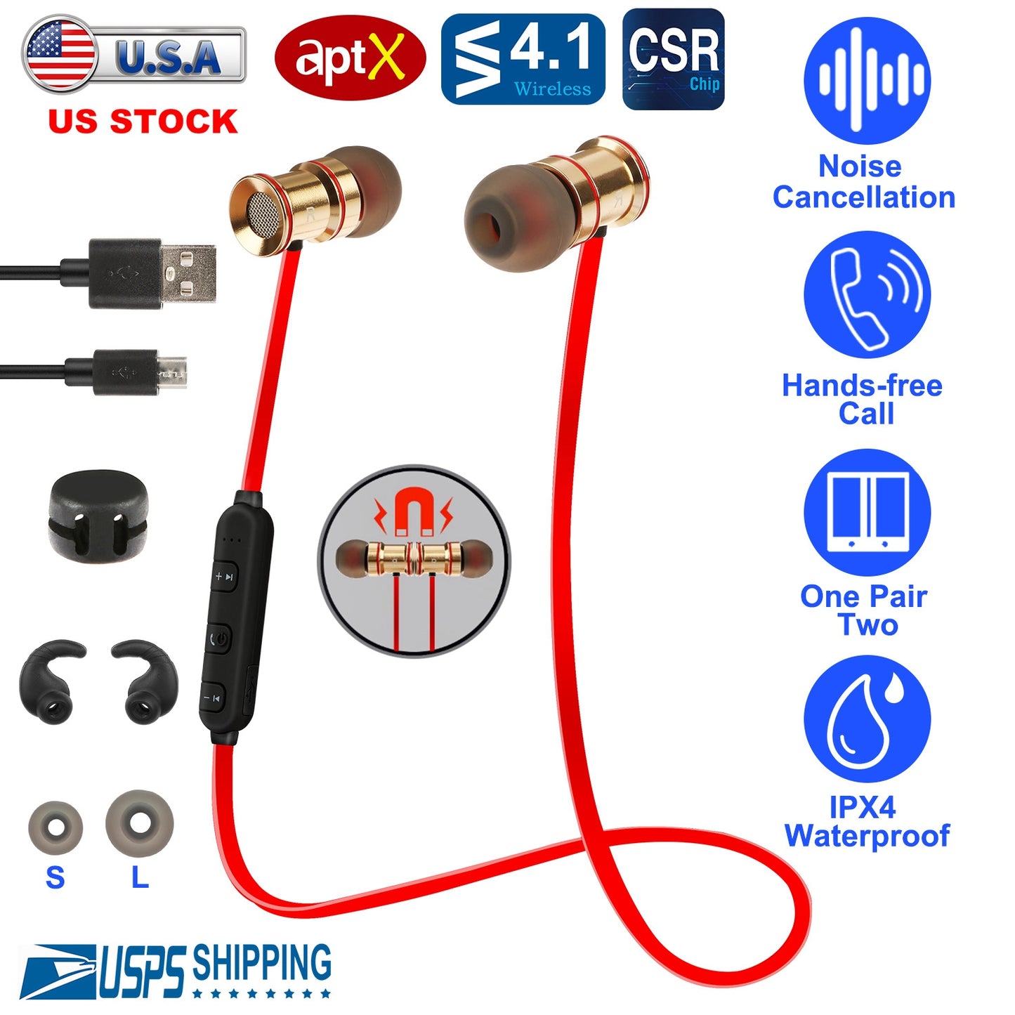 Sport Headsets Wireless V4.1 In-Ear Stereo Headphones Sweat-proof Running Earphones w/Mic Hands-free