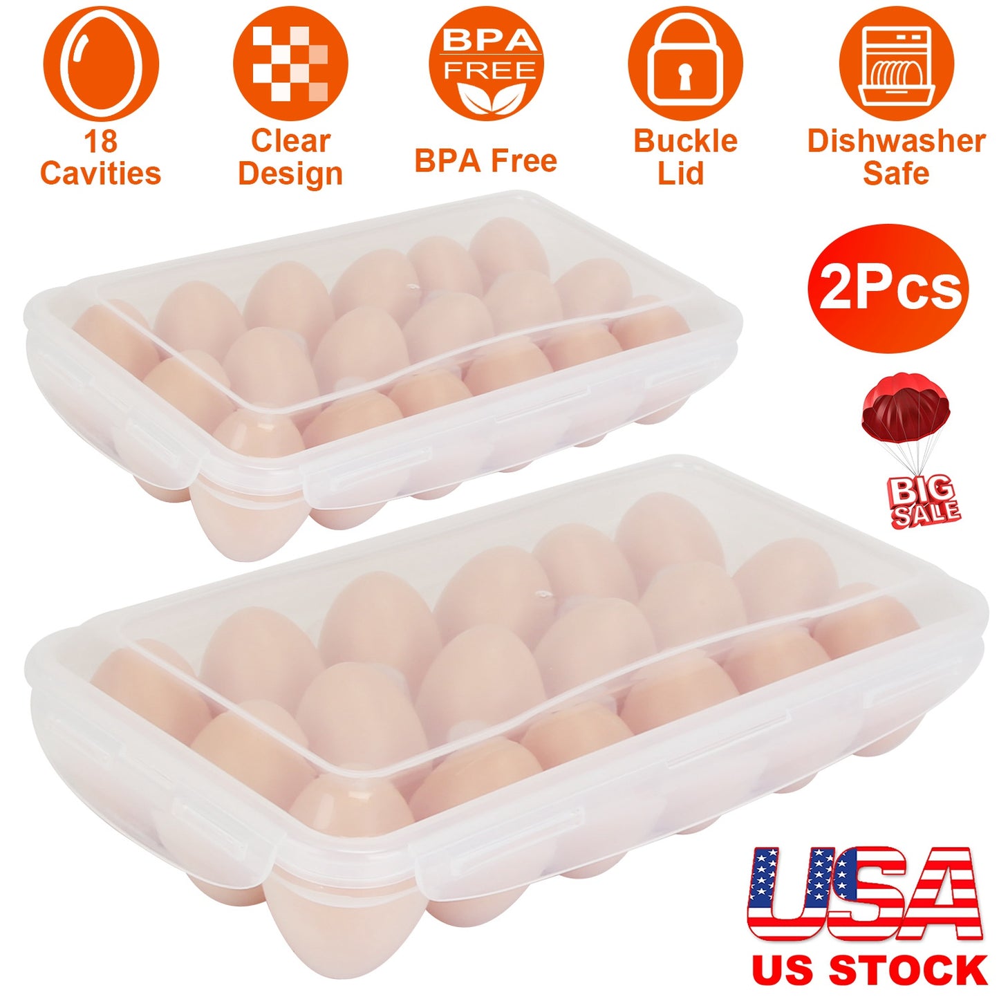 2Pcs Plastic Egg Holder Stackable Egg Storage Box Egg Rack for Refrigerator 18 Cavity Per Container Dishwasher Safe