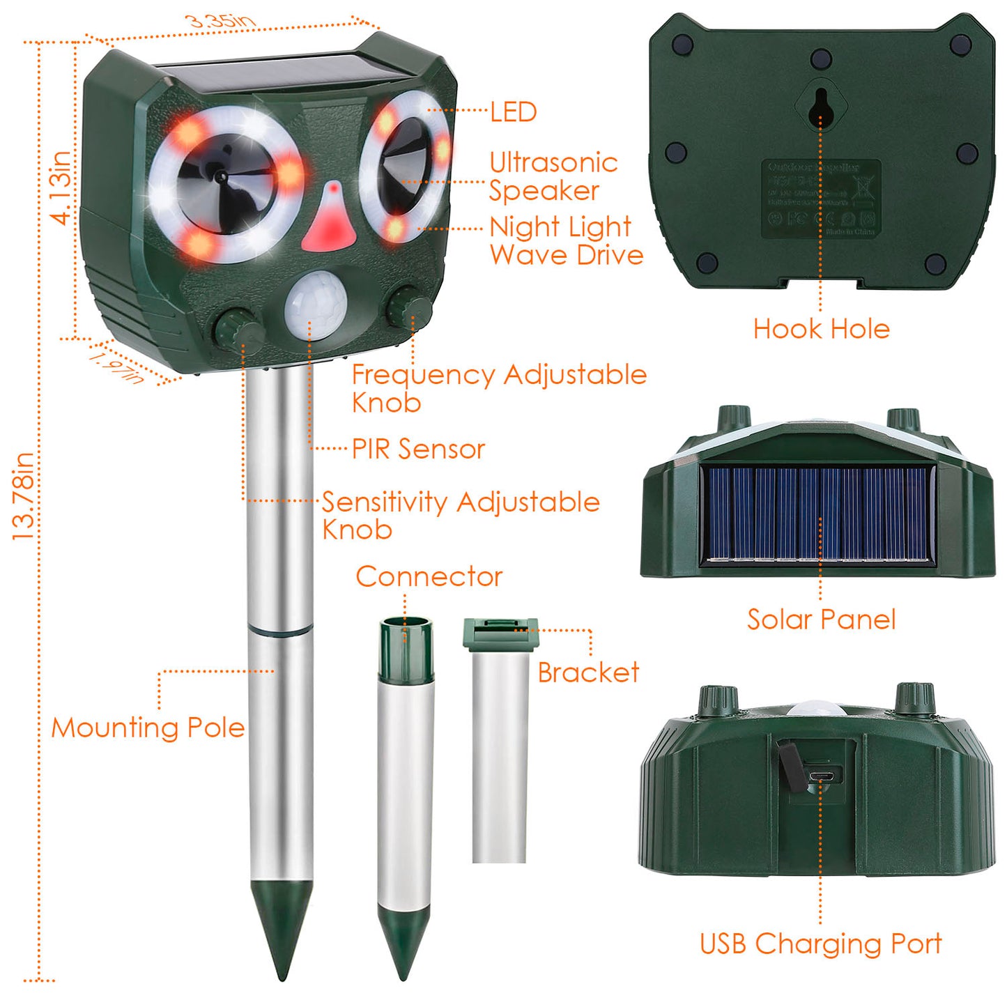 Ultrasonic Animal Repeller Solar Powered Animal Repellent Motion Sensor Animal Chaser IP55 Waterproof for Farm Garden Yard to Drive Deer Raccoon Squir