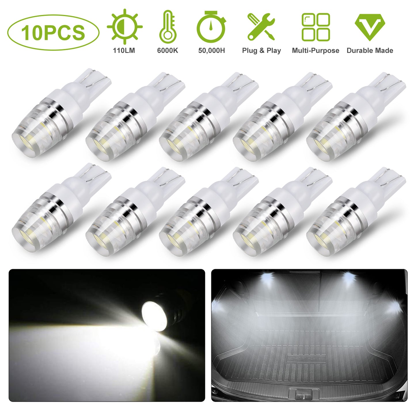 10PCS T10 LED Bulbs 194 LED Lights 12V 1W 5730 Xenon White Wedge Base LED Replacement Bulbs for License Plate Parking Position Interior Lights