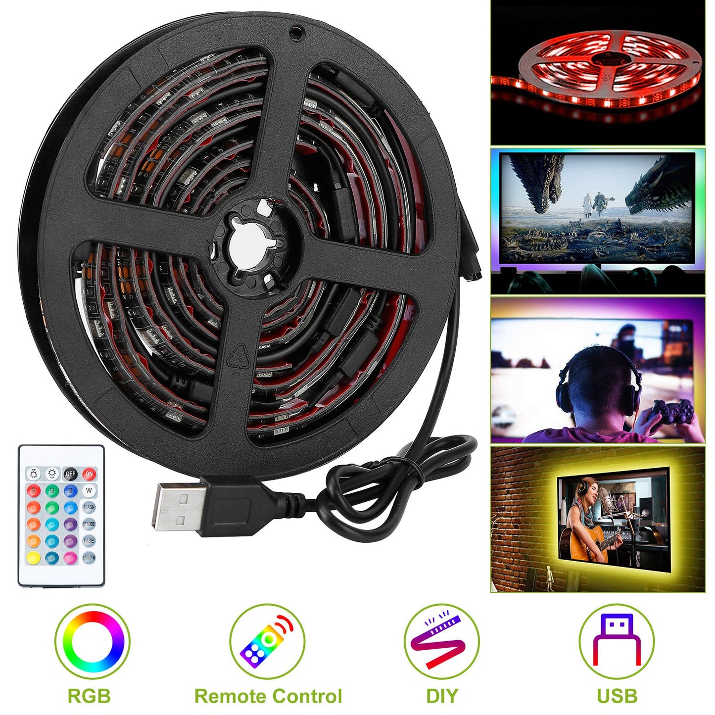 TV LED Backlight Strip 6.56ft Waterproof RGB Strip Light USB Monitor Lighting Kit w/ Remote Controller 16 Colors For 40-60 in TV