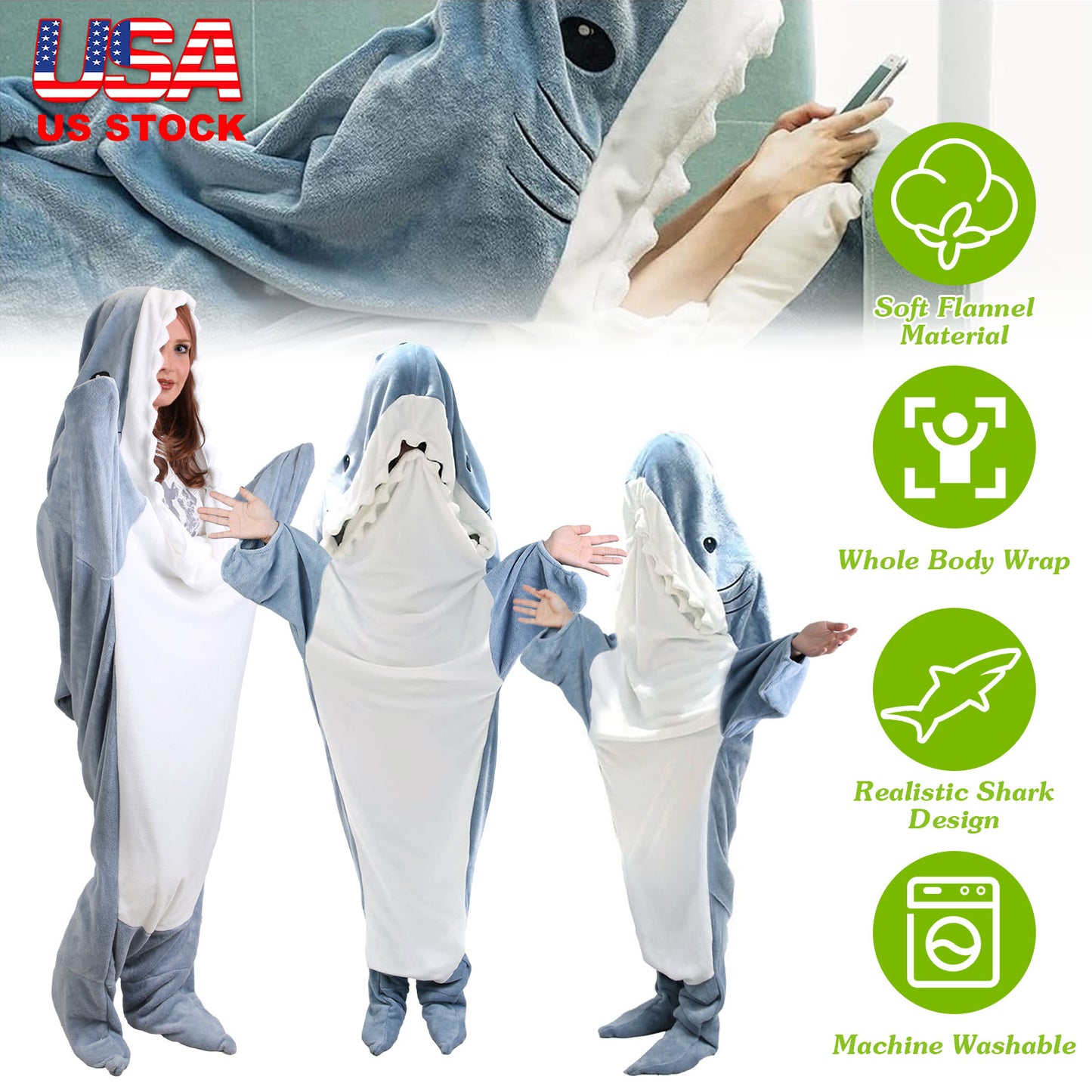 Wearable Shark Sleeping Bag Shark Onesie X-XXL Size Soft Comfortable Flannel Blanket With Zipper Suitable For Adult Children Height 4.2FT to 5.5FT
