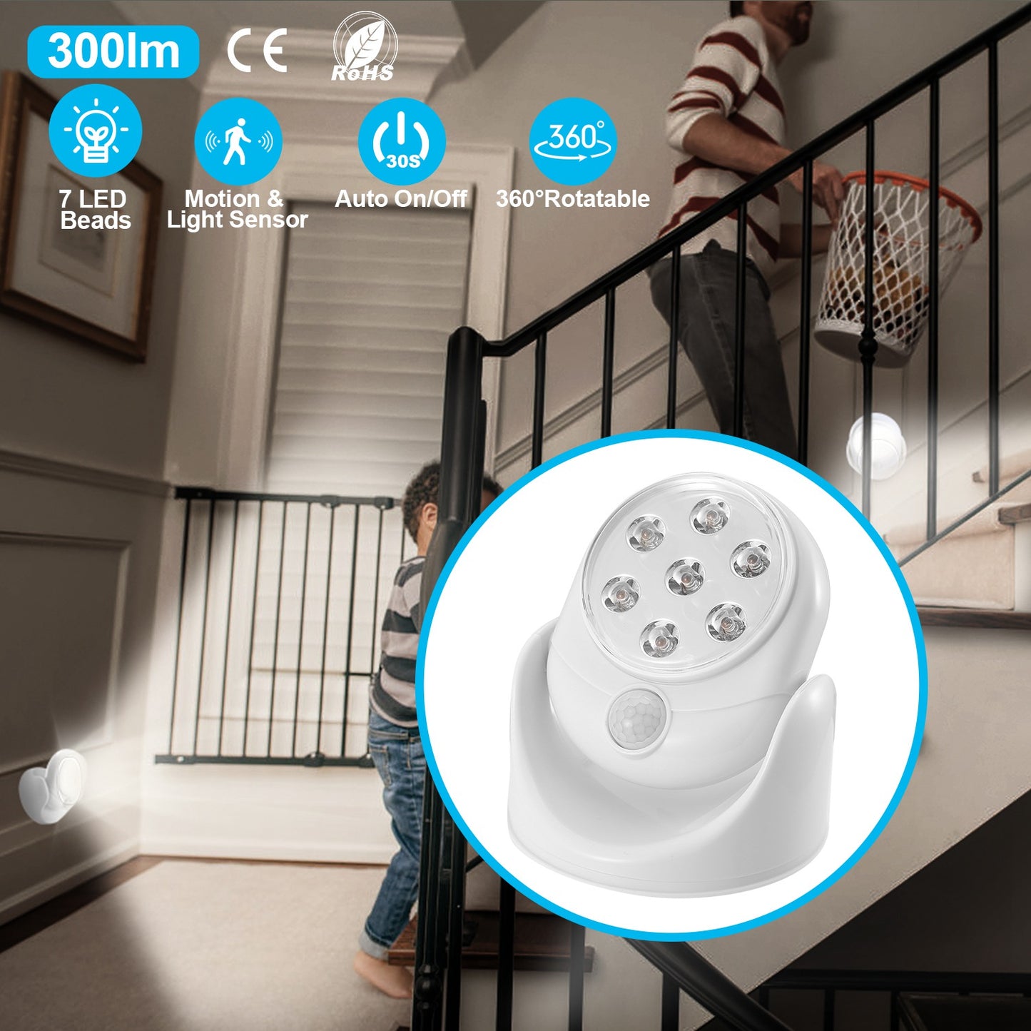 Wireless LED Spotlight 90 ¡ Motion Sensor Night Lamp 360¡Rotate Cordless Stairs Lights Battery Operated w/23ft Sensing Range for Closet Bathroom