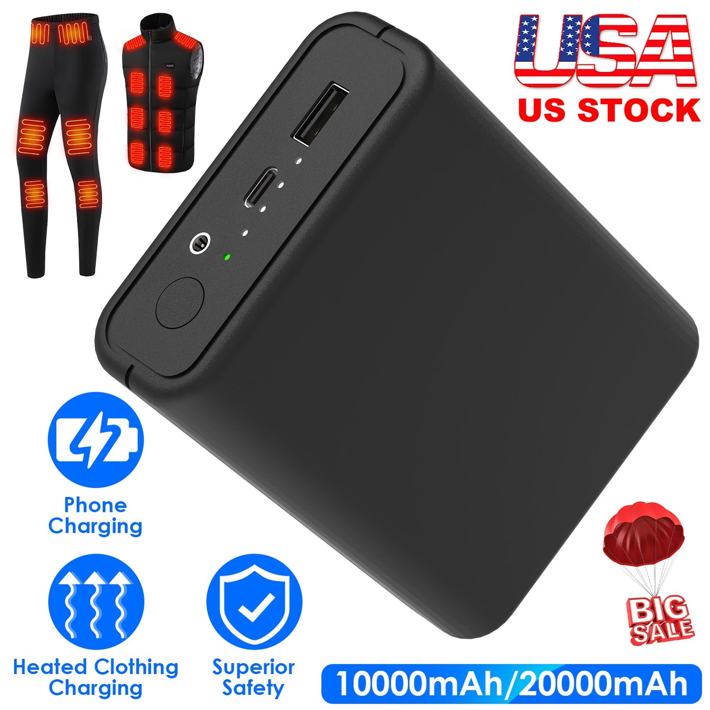 20000mAh 5V 2A Power Bank for Heated Jackets Vests Pants Gloves Scarves DC 7.4V 2A Heated Clothing Replacement Battery Pack for Men Women