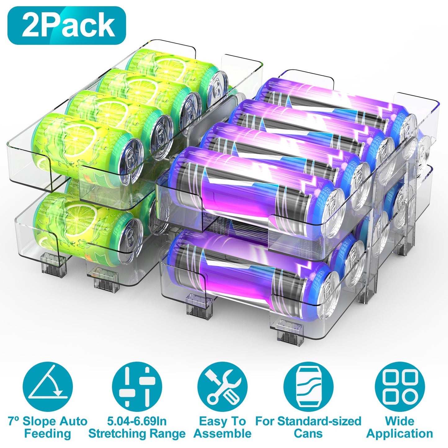 2Pack Adjustable Soda Can Organizers 2-Tier Pop Can Holders Beverage Dispensers For Fridge Pantry Cabinet 7¼ Slope Auto Rolling