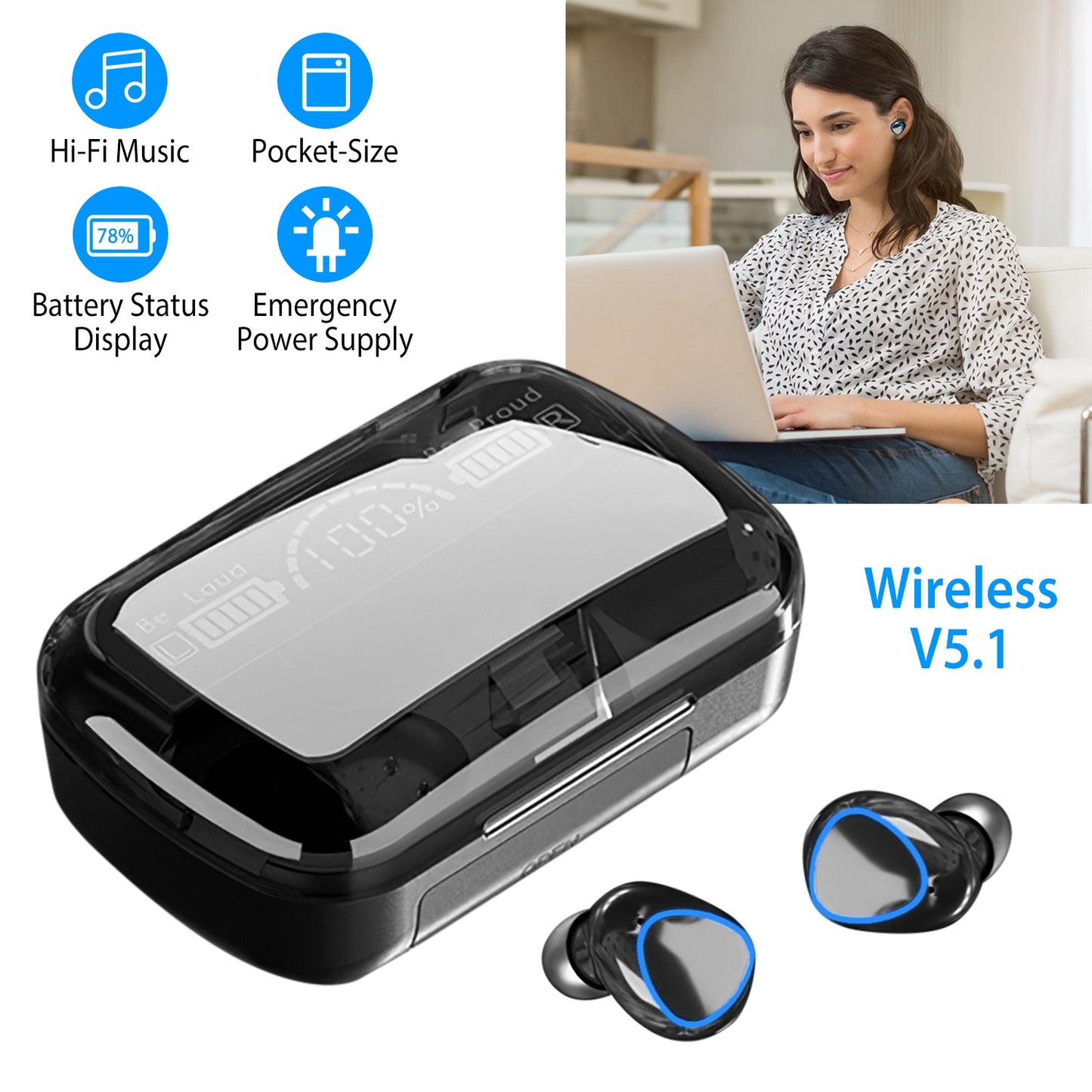 5.1 TWS Wireless Earbuds Touch Control Headphone in-Ear Earphone Headset with Charging Case IPX7 Waterproof Power Bank