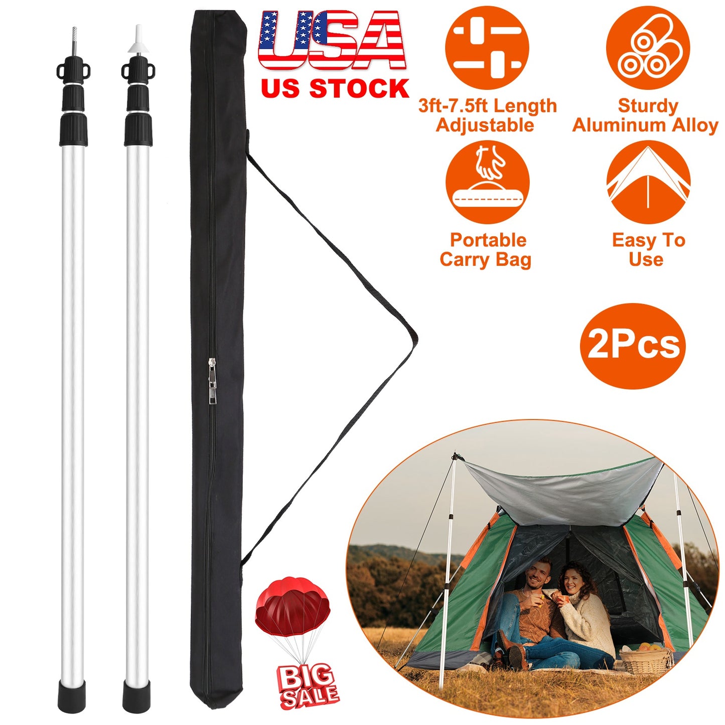 2Pcs Telescoping Tarp Poles Portable Aluminum Awning Poles 3-7.5ft Adjustable Telescopic Tarp Tent Rods