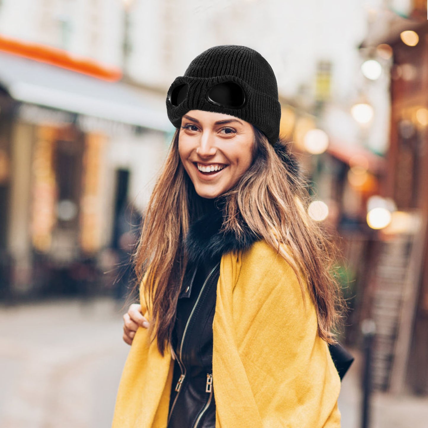 Unisex Knit Beanie Hat with Goggle Chunky Winter Warm Hat Skull Cap 4 Colors