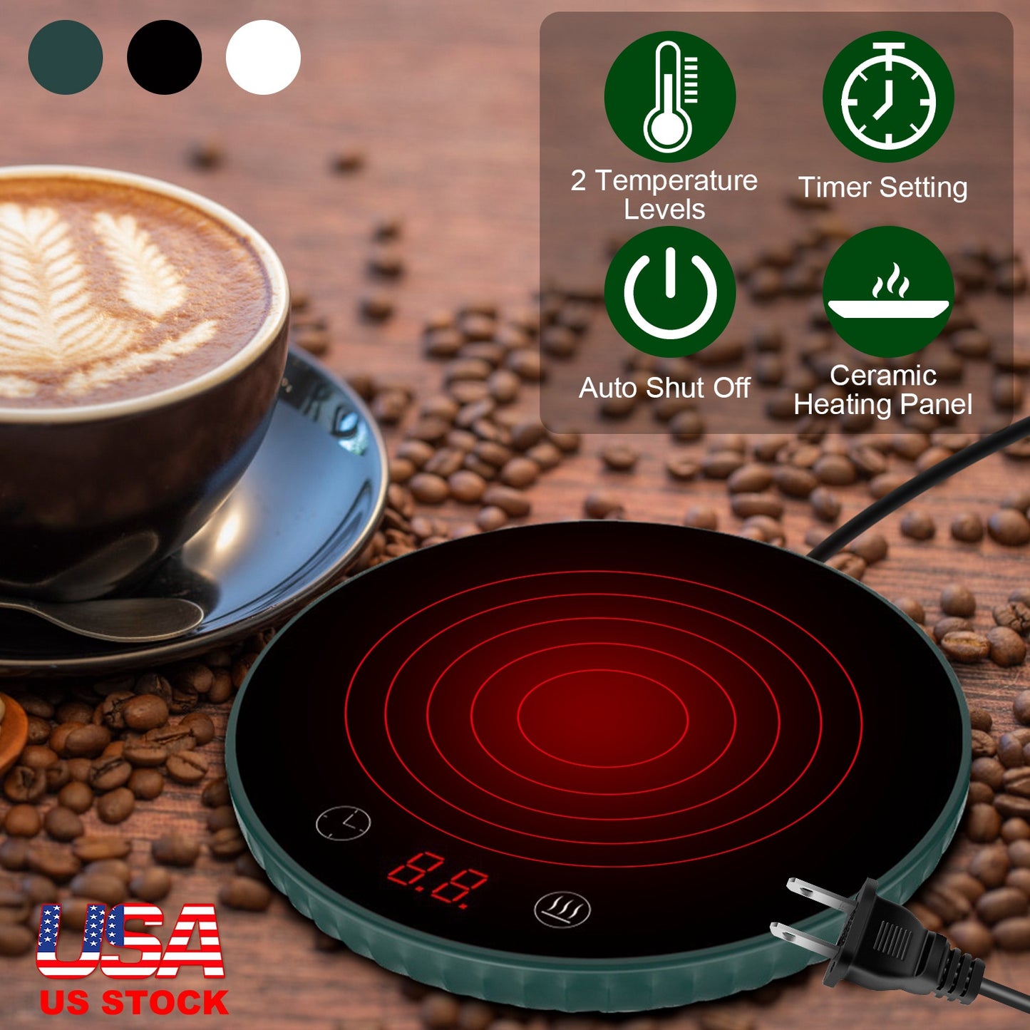 Desktop Electric Cup Warmer 8Hours Auto Off Overheating Protection Smart Timer Setting 2 Temperature Levels 104¡F to 140¡F Ceramic Heating Panel For O