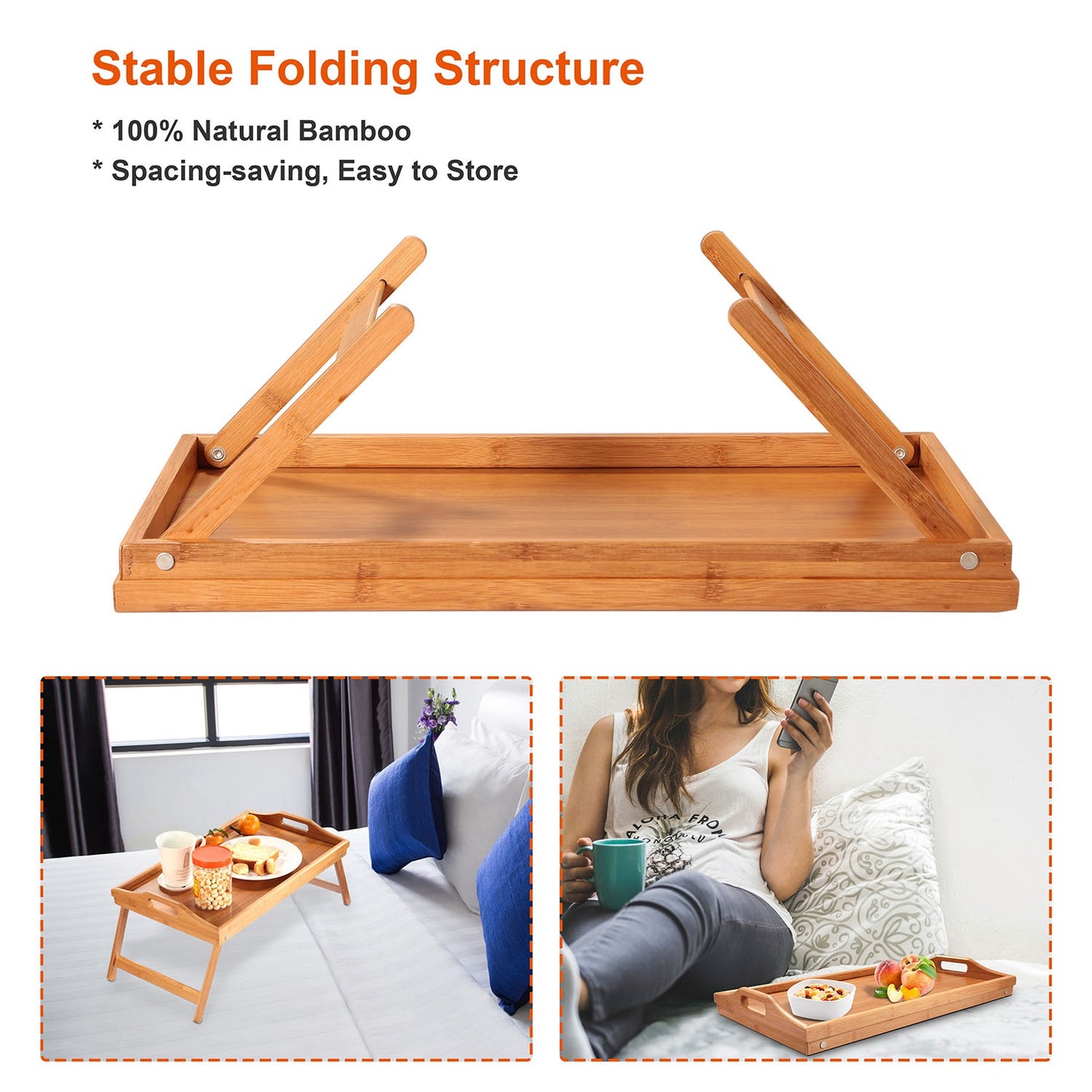 Bed Tray Table Breakfast Tray Bamboo Folding Bed Table Serving Snack Tray Desk with Handles
