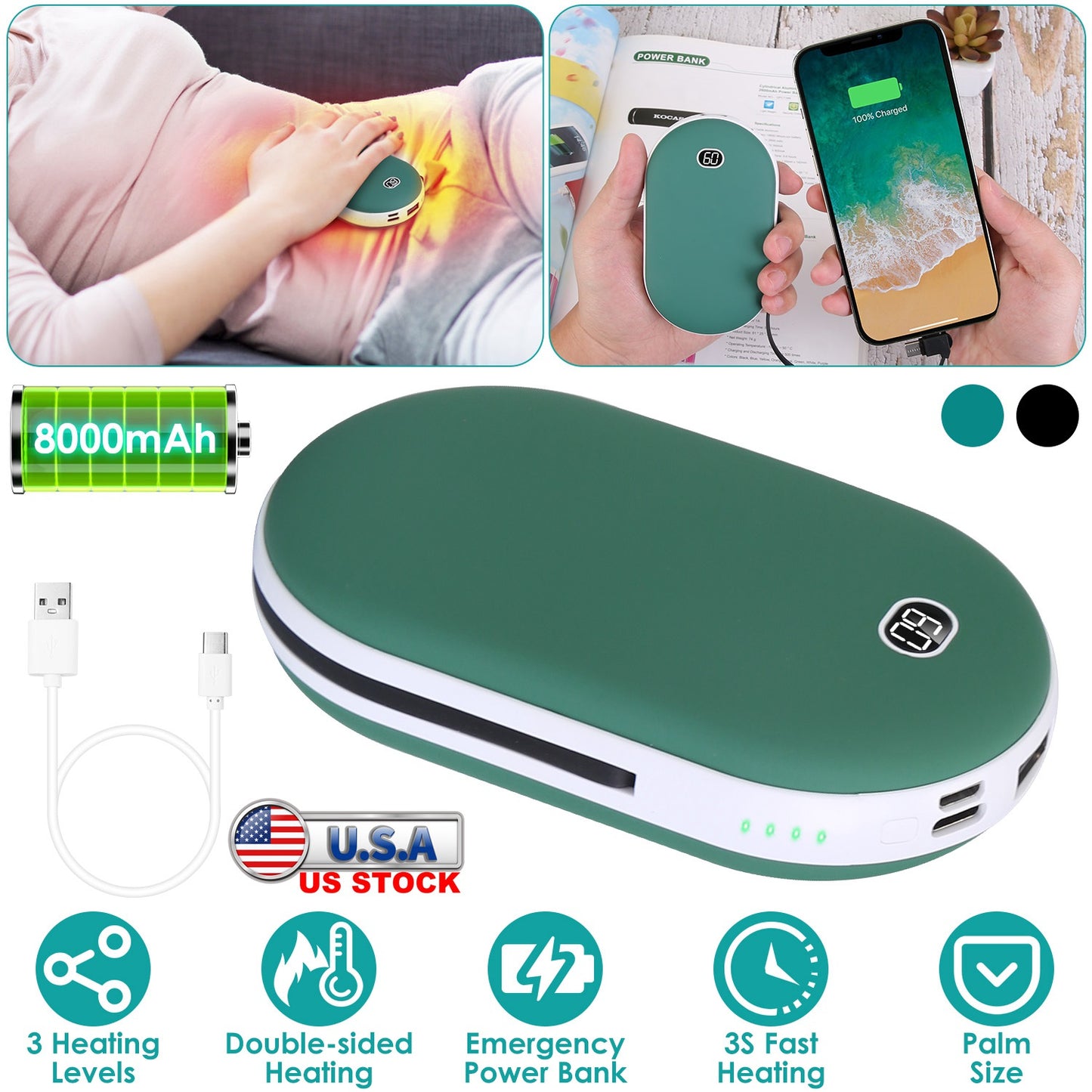 8000mAh 2 In 1 Electric Hand Warmer Rechargeable Hand Heater Portable Pocket Warmer with Power Bank 3 Heating Levels Digital Display Double-sided Heat