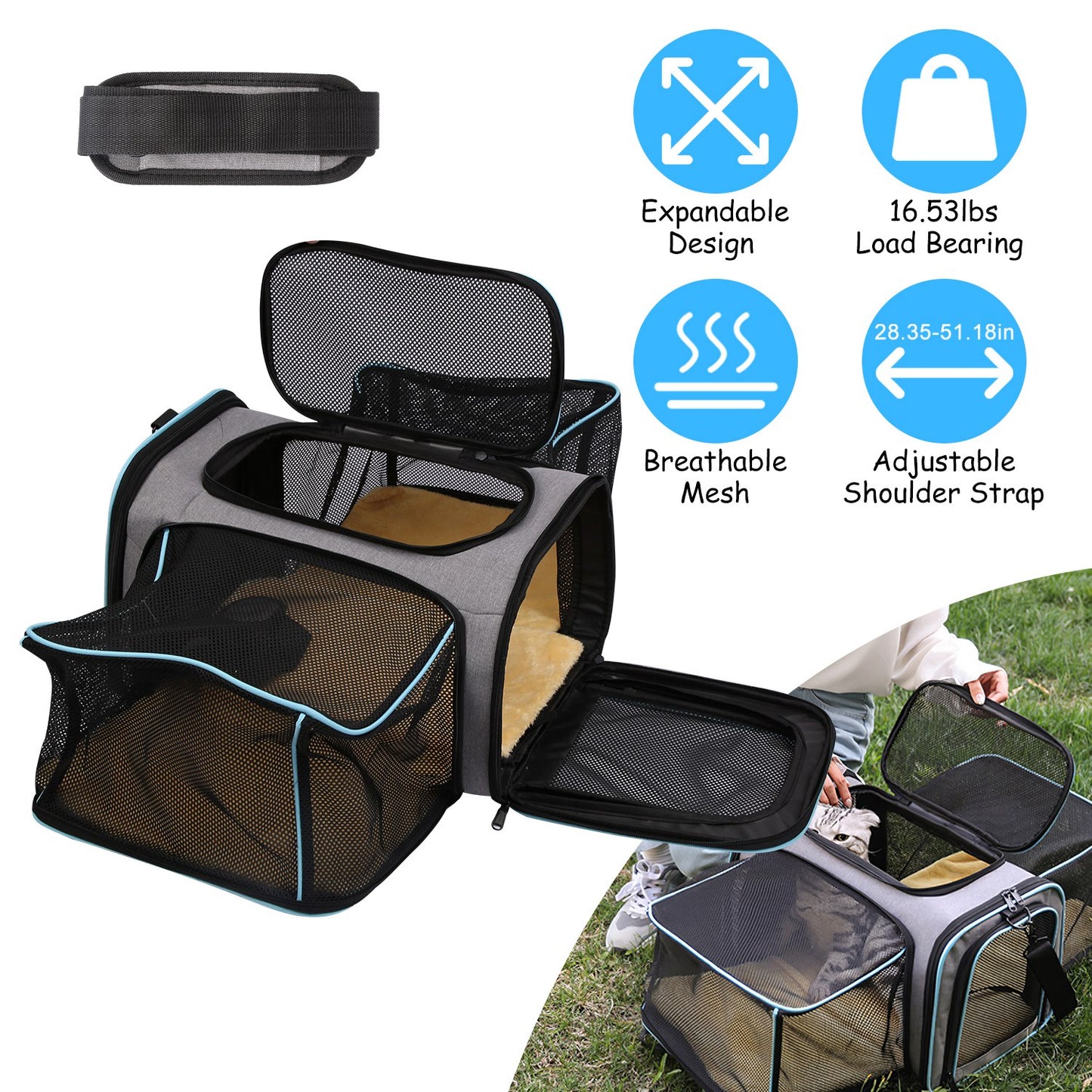 Expandable Pet Carrier Airline Approved Cat Dog Carrier Cat Collapsible Soft CarrierÊBag with Removable Fleece Pad Pockets Breathable Mesh Adjustable