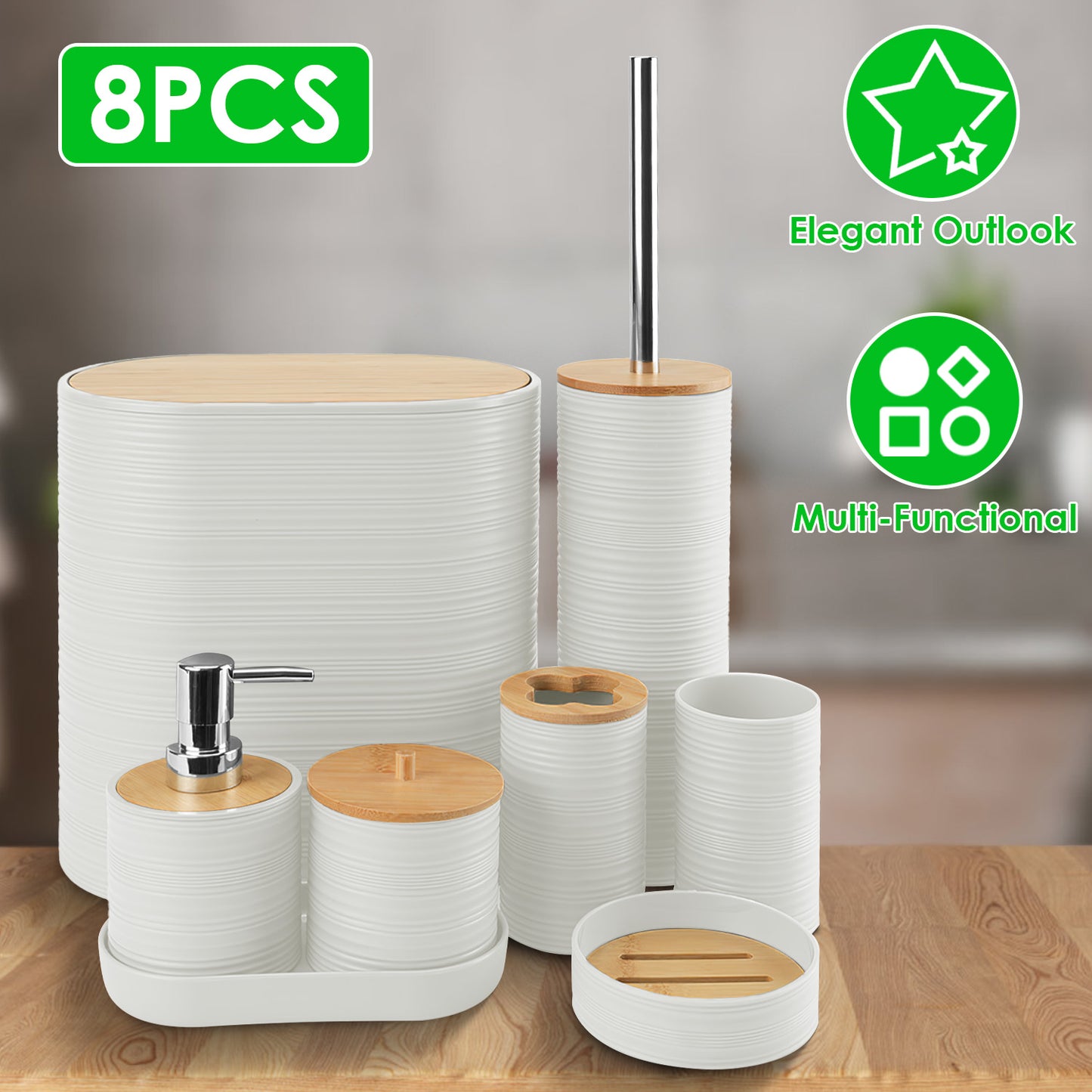 8Pcs Bathroom Accessories Set Bathroom Holder Set with Soap Dispenser Toothbrush Holder Cup Soap Dish Toilet Cleaning Brush Trash Can Qtip Holder Vani