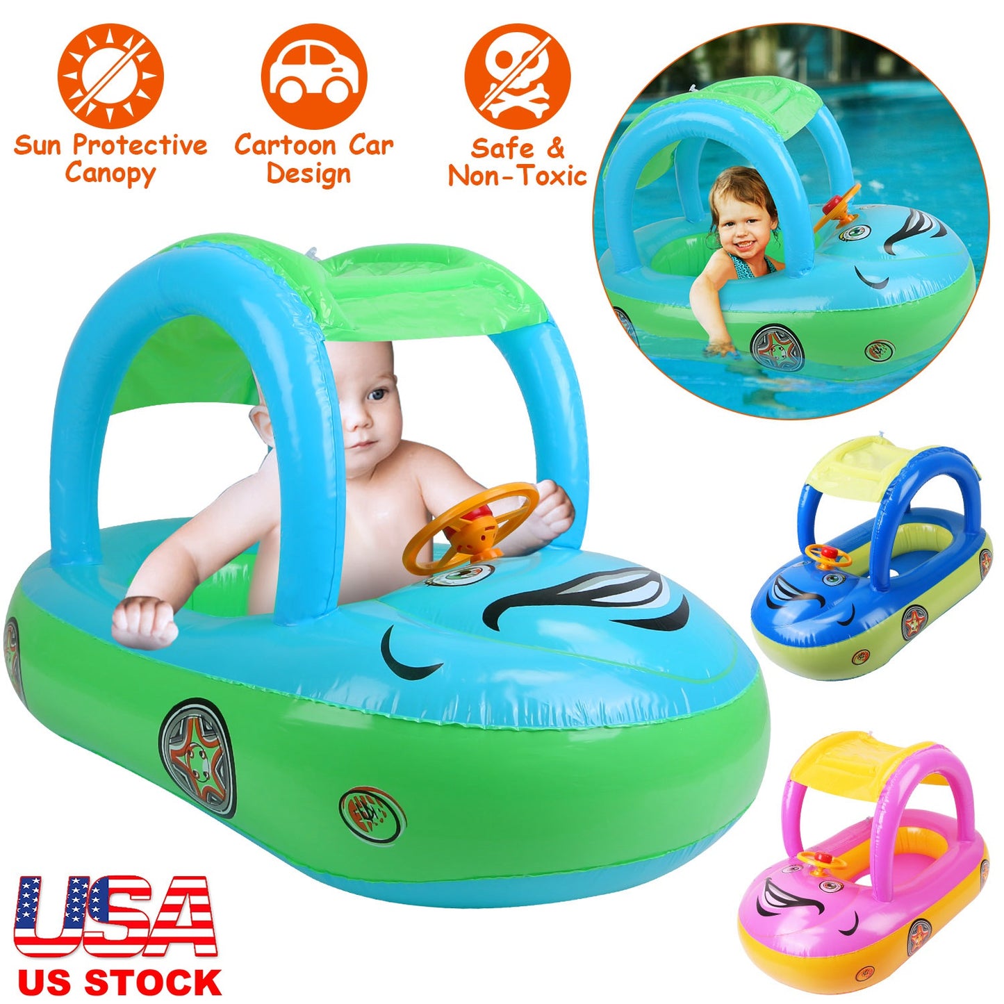 Baby Inflatable Pool Float Car Shaped Toddler Swimming Float Boat Pool Toy Infant Swim Ring Pool with Sun Protection Canopy for 1-3 Year-Old Kids Infa