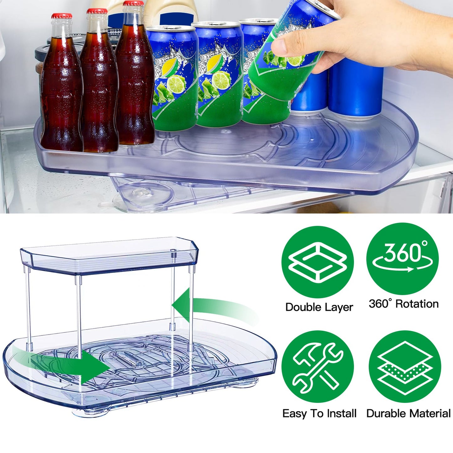 2 Tier Turntable Organizer Rectangular Refrigerator Spinner Storage Rack with 360¡ Rotatable Slide Rail for Kitchen Cabinet Countertop