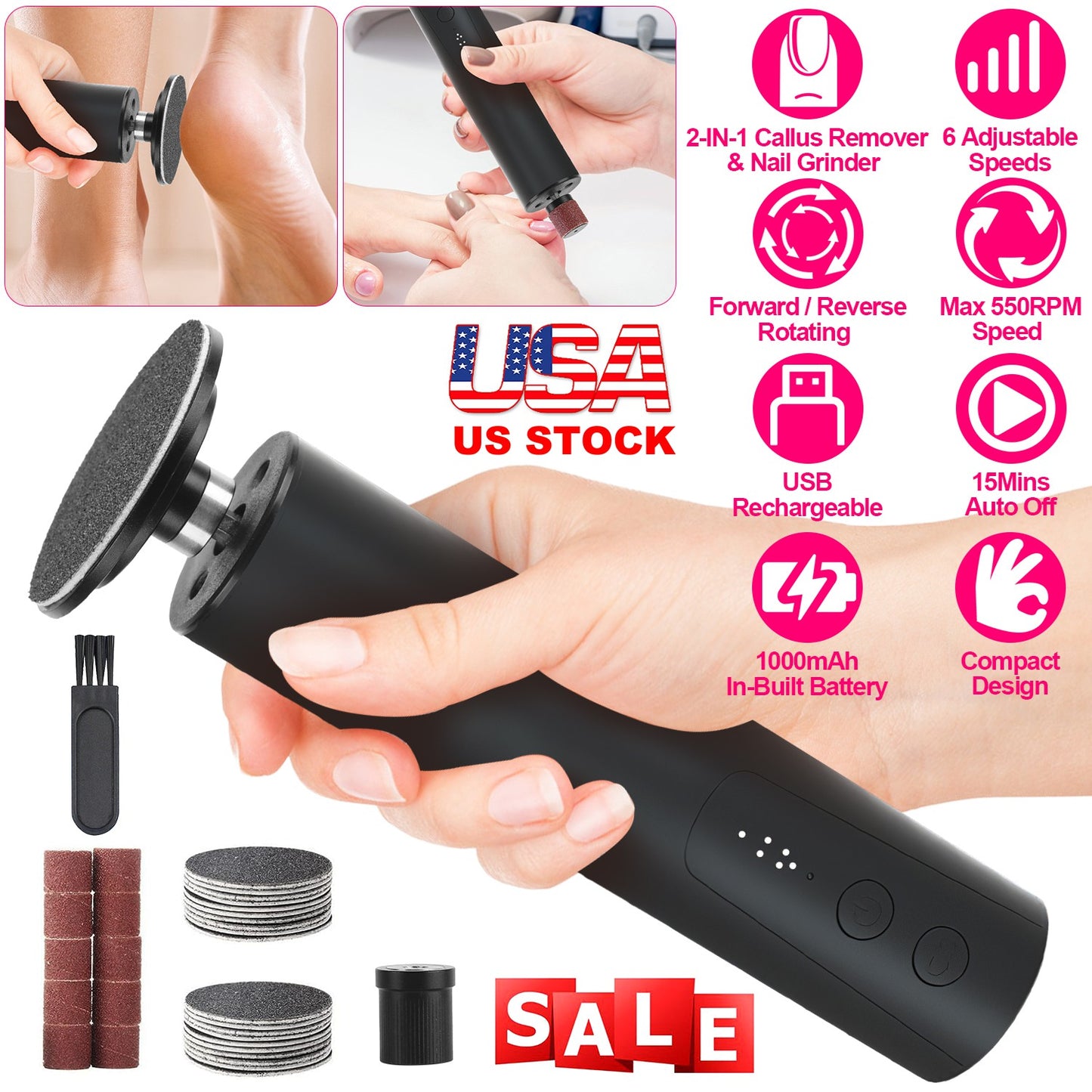 Electric Foot Callus Remover 2 in 1 Rechargeable Foot File Nail Grinder Dead Skin Pedicure Tool Machine with 2 Grinding Heads Total 30Pcs Replaceable