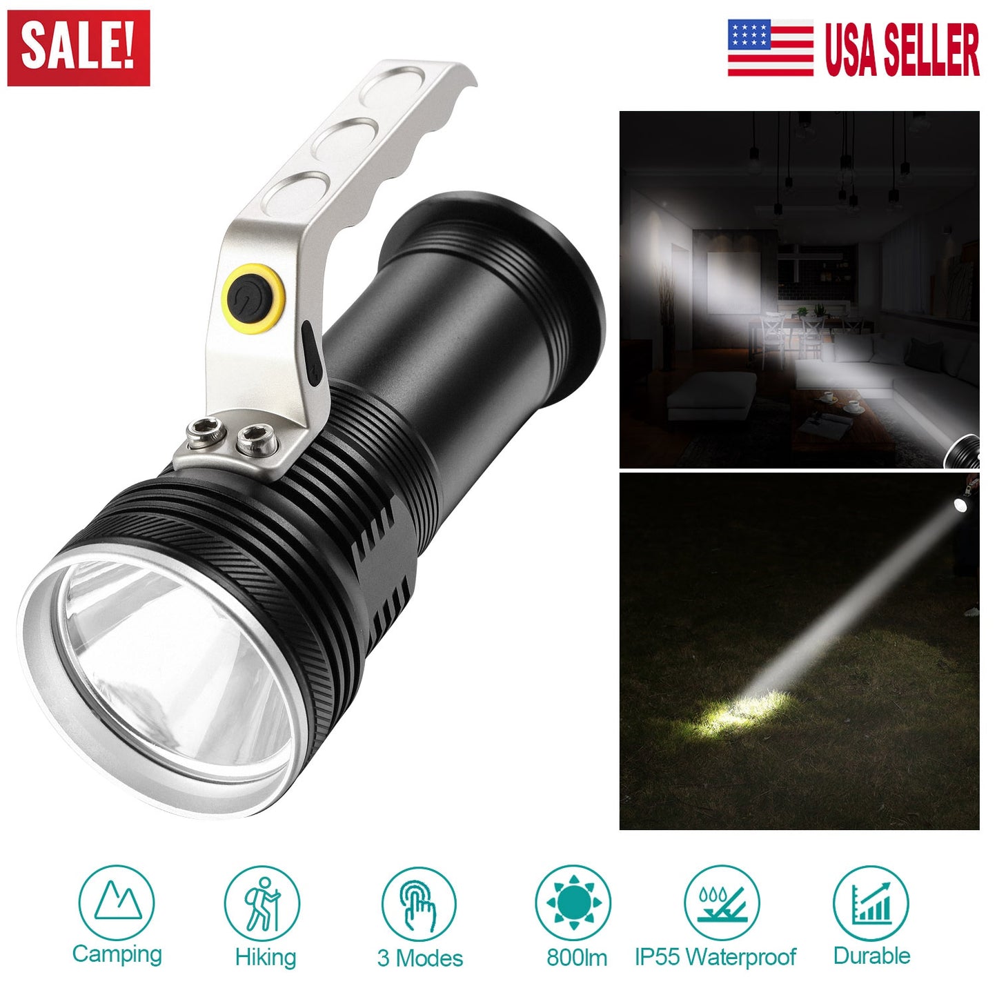 Super Bright Handheld LED Flashlight Portable USB Rechargeable Searchlight 3 Modes Waterproof Spotlight Torch Flashlight Aluminum Alloy for Camping Hi
