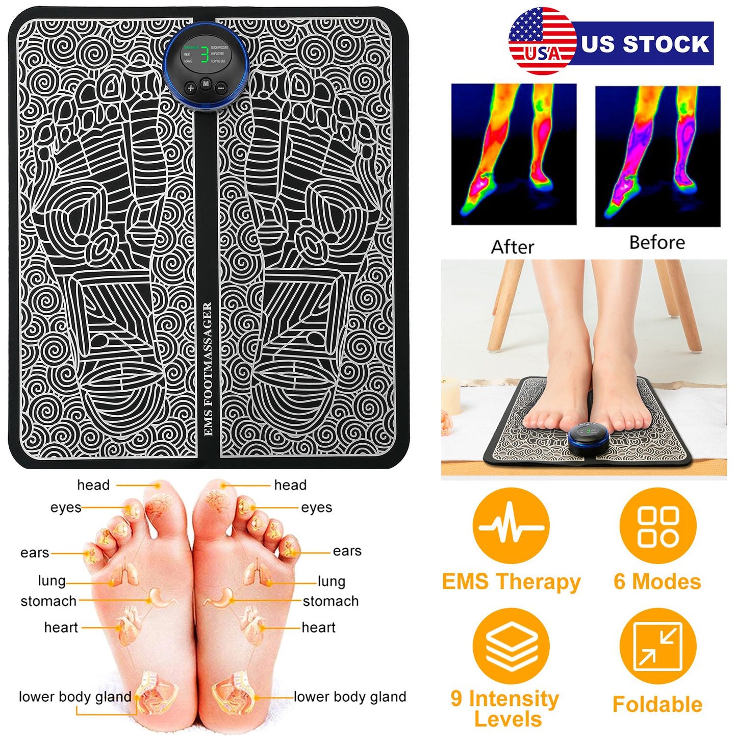 EMS Foot Massage Pad Electric Stimulator Massager Unit Rechargeable Leg Reshaping Muscle Pain Relax Massage Mat w/ 6 Modes 9 Intensity Levels