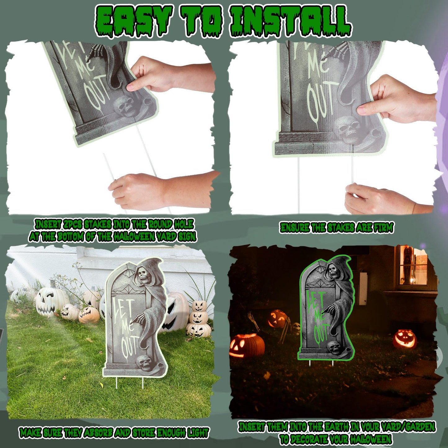 Halloween Tombstone Yard Sign Decorations 6Pcs Glow in the Dark Halloween RIP Tombstone Fluorescence Lawn Sign with 12 Stakes for Haunted House Garden
