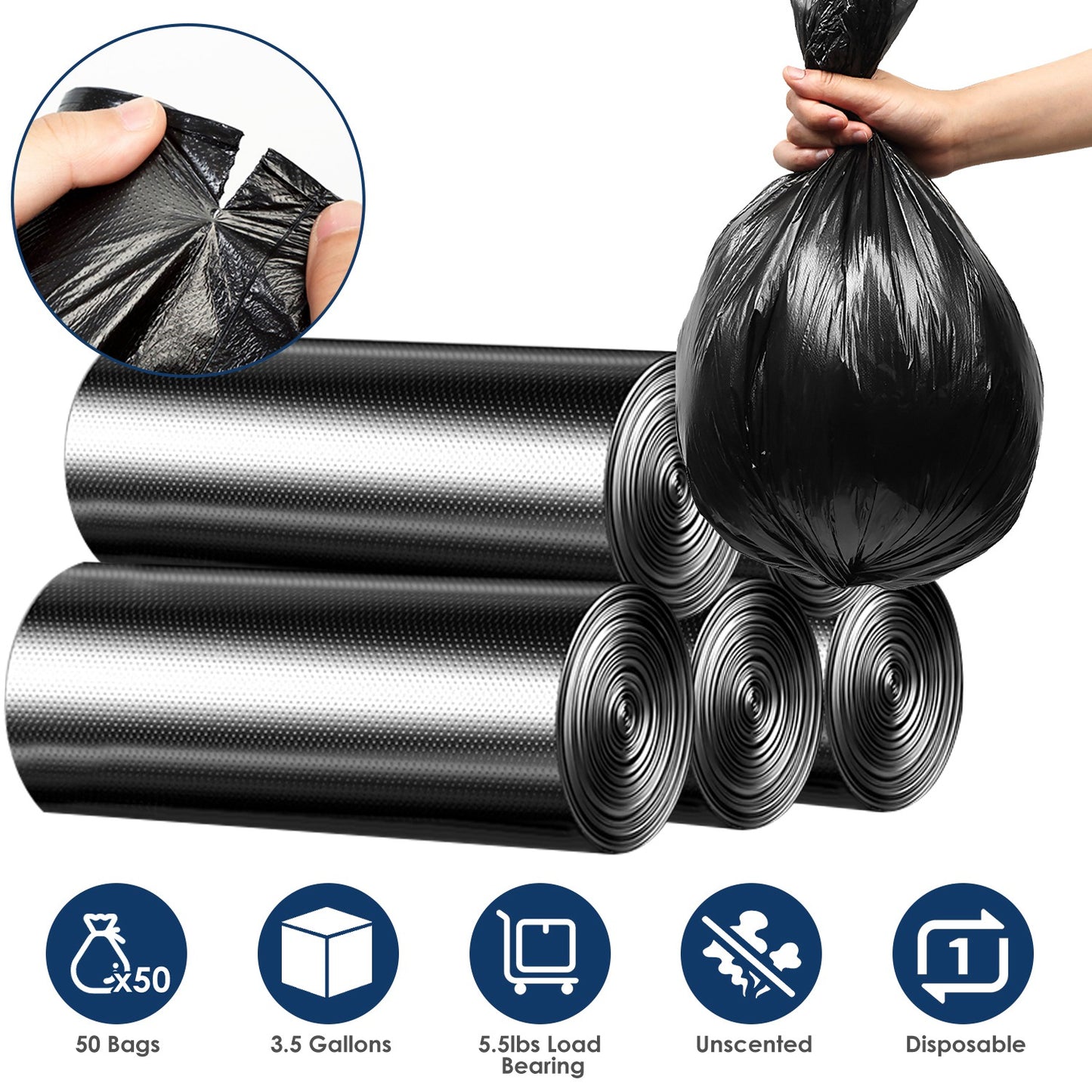5 Rolls Overall 50 Count Black Garbage Bags Disposable Trash Bags Trash Can Liners Unscented Leak Resistant for Camping Toilet Home Office