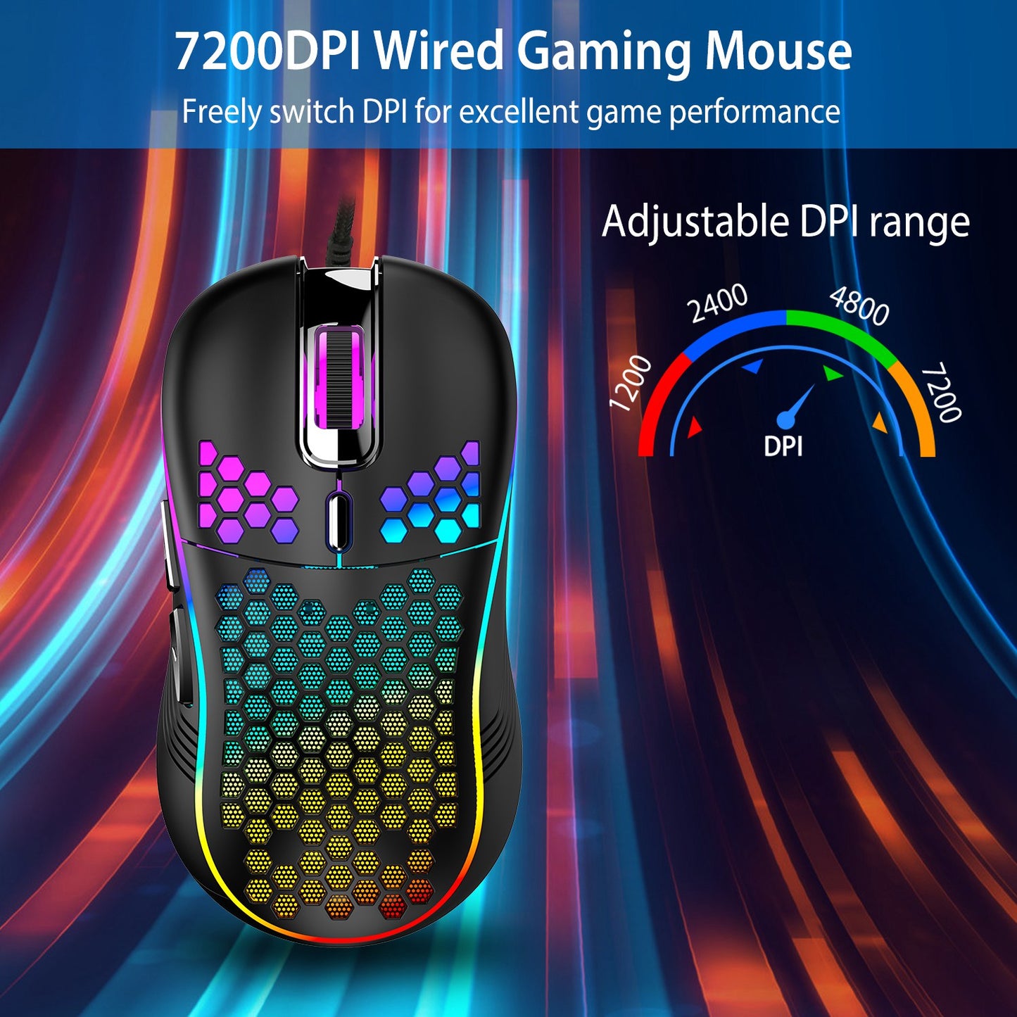 Wired Gaming Mouse 7200 DPI Laptop Optical Mouse Honeycomb Lightweight  Mouse with 4 Adjustable DPI Levels 7 Changeable Colors 6 Keys