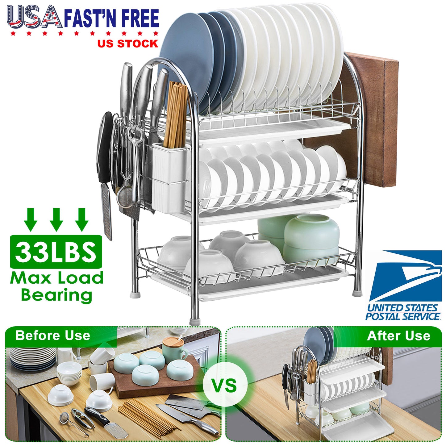 3-Tier Dish Drying Rack Dish Drainer Shelf w/ 3 Drain Trays Chopping Board Rack Utensil Rack Chopsticks Holder For Kitchen Counter Storage