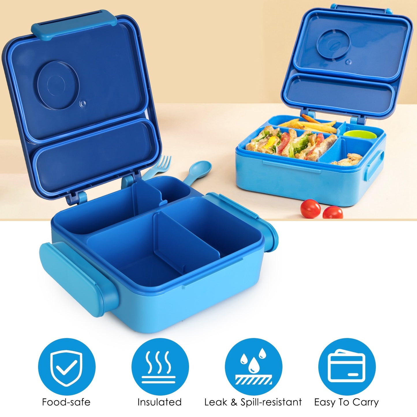 Kids Lunch Box Thermal Lunch Container with Insulated Storage Bag 2 Compartments Spoon Fork Case Food-safe Spill-resistant