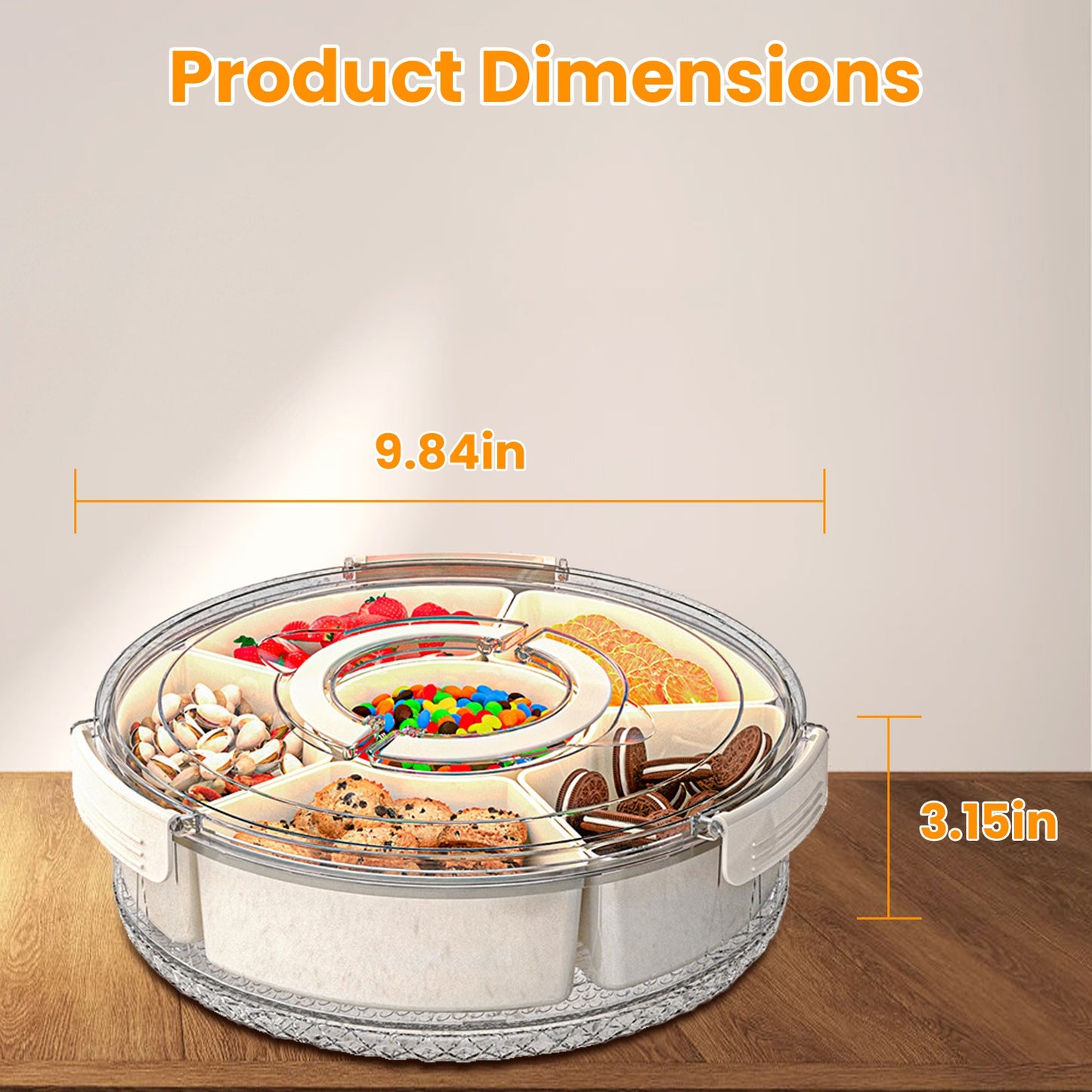 2Pcs Divided Serving Tray with Lid and Handle 360¡ Rotatable Snack Box Container with 6 Dividers Clear Portable Snack Platters for Fruit Candy Nut Sna