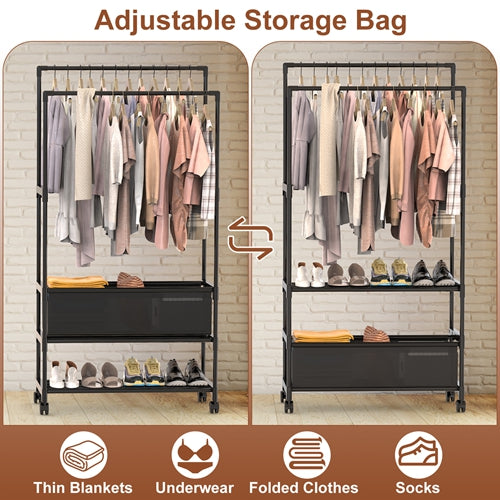 Double Rod Garment Rack – Adjustable, Portable with Shelves & Wheels