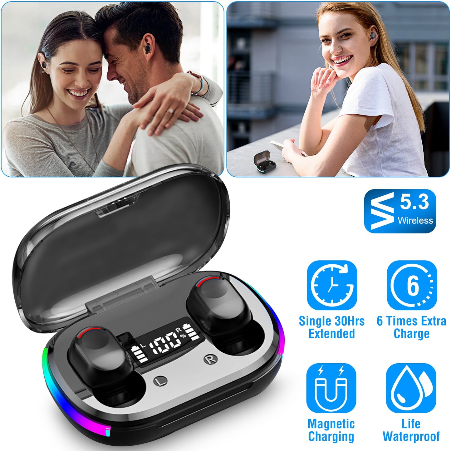 Wireless V5.3 TWS Earbuds In-Ear Stereo Headset Earphone Earpiece with Microphone Magnetic Charging Dock for Driving Working Traveling