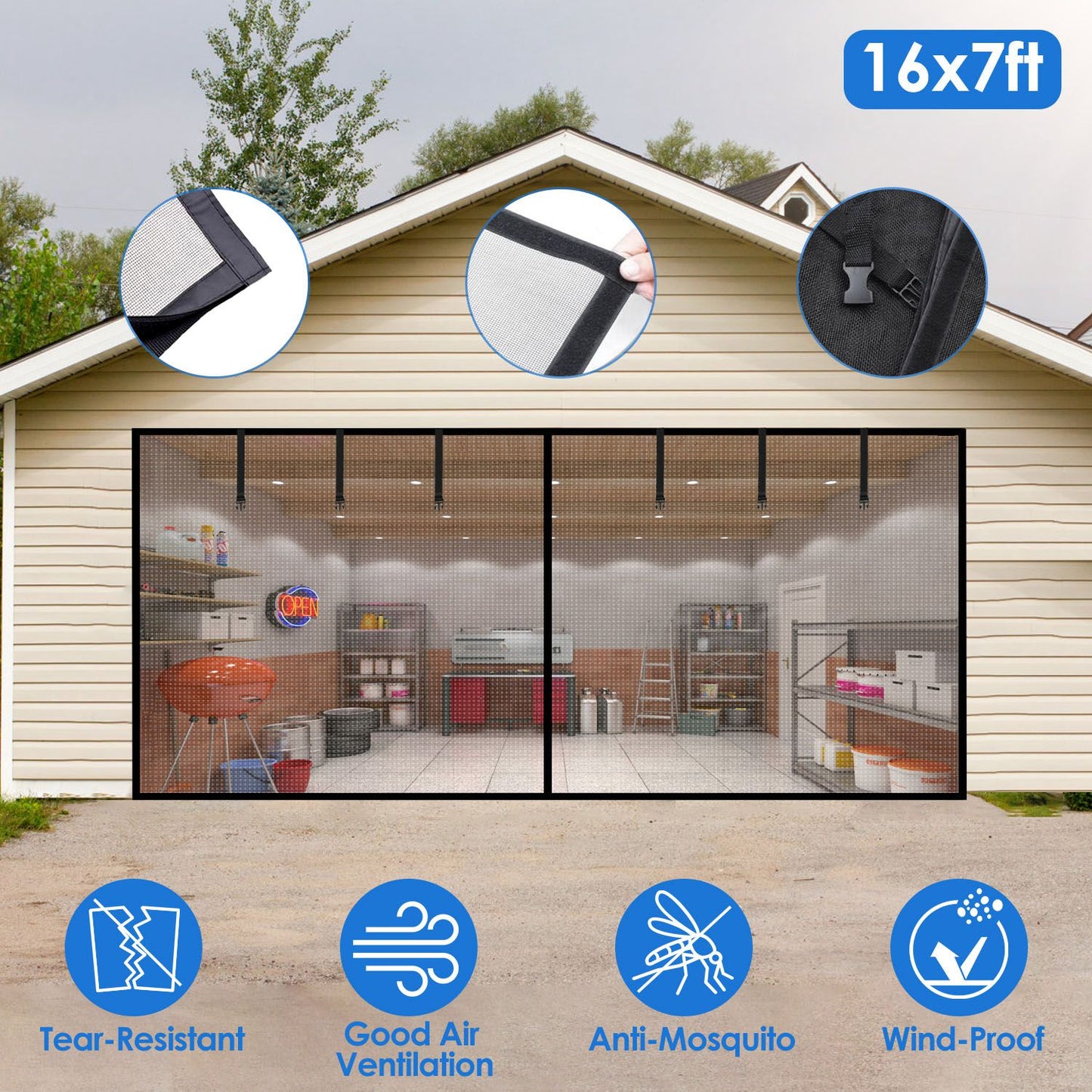 16x7FT Magnetic Garage Door Screen Two-Car Garage Screen Mesh Fiberglass Garage Net with Magnetic Closure 6 Buckle Straps for Two Cars