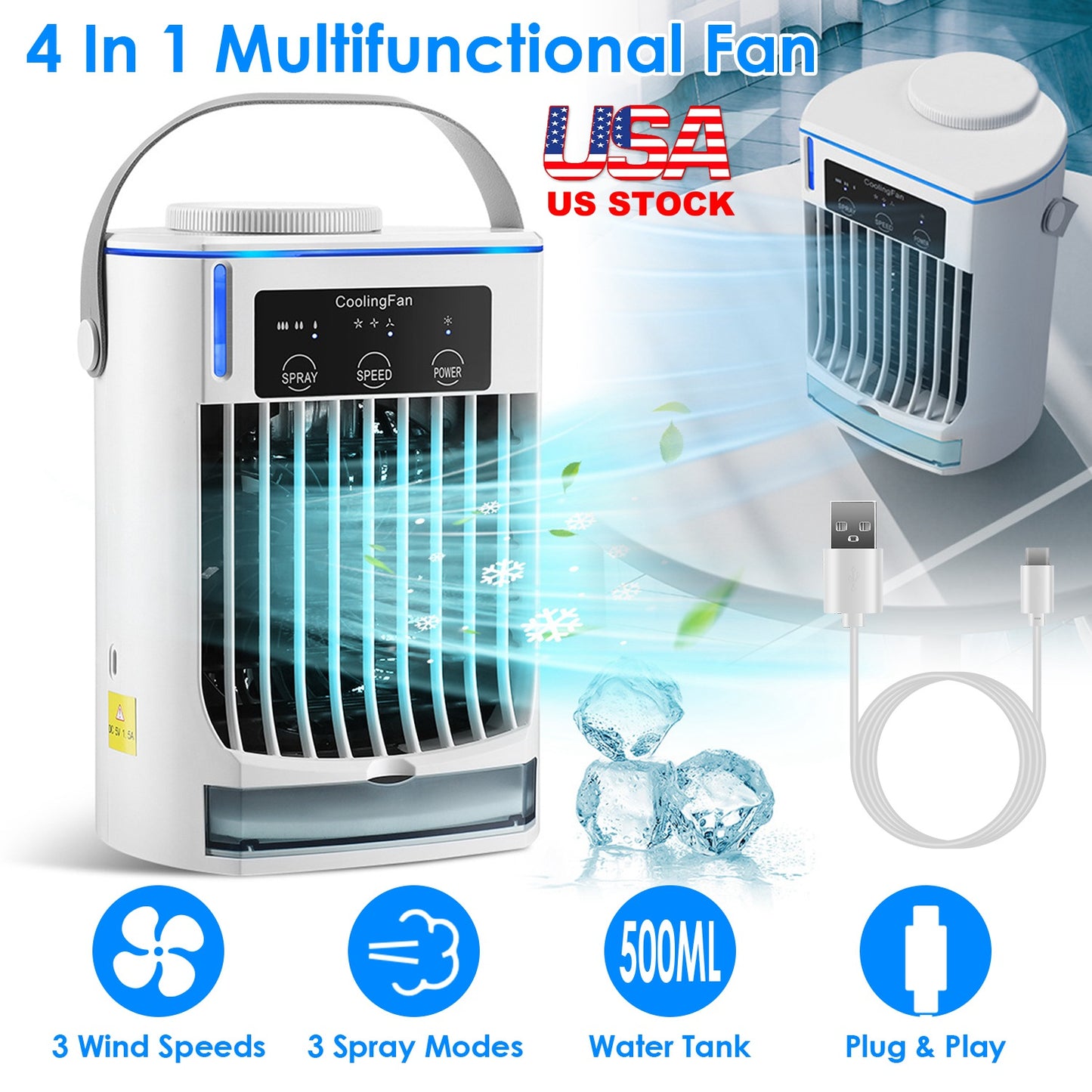 Portable Air Conditioner Fan Evaporative Humidifier 3 Speed Spray Personal Cold Mist Air Cooler Desk Table Fan Water Tank Night Light Adjustable Angel