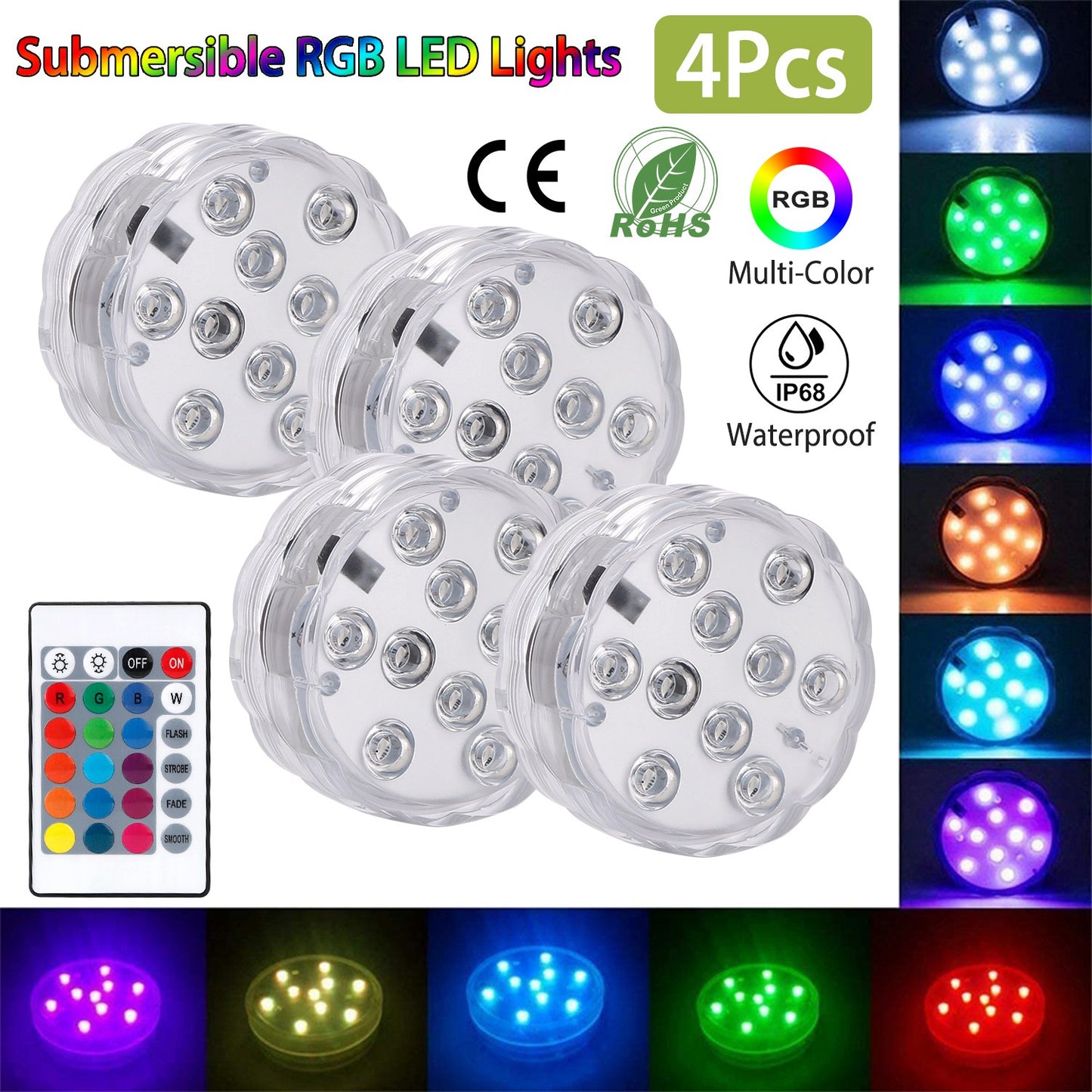 4Pcs Submersible RGB LED Lights IP68 Waterproof Underwater Color Changing Lamps Remote Control Battery Operated Floral Light For Vase Fountain Aquariu