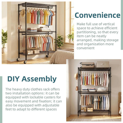 Rolling Clothes Rack with Shelves and Lockable Wheels