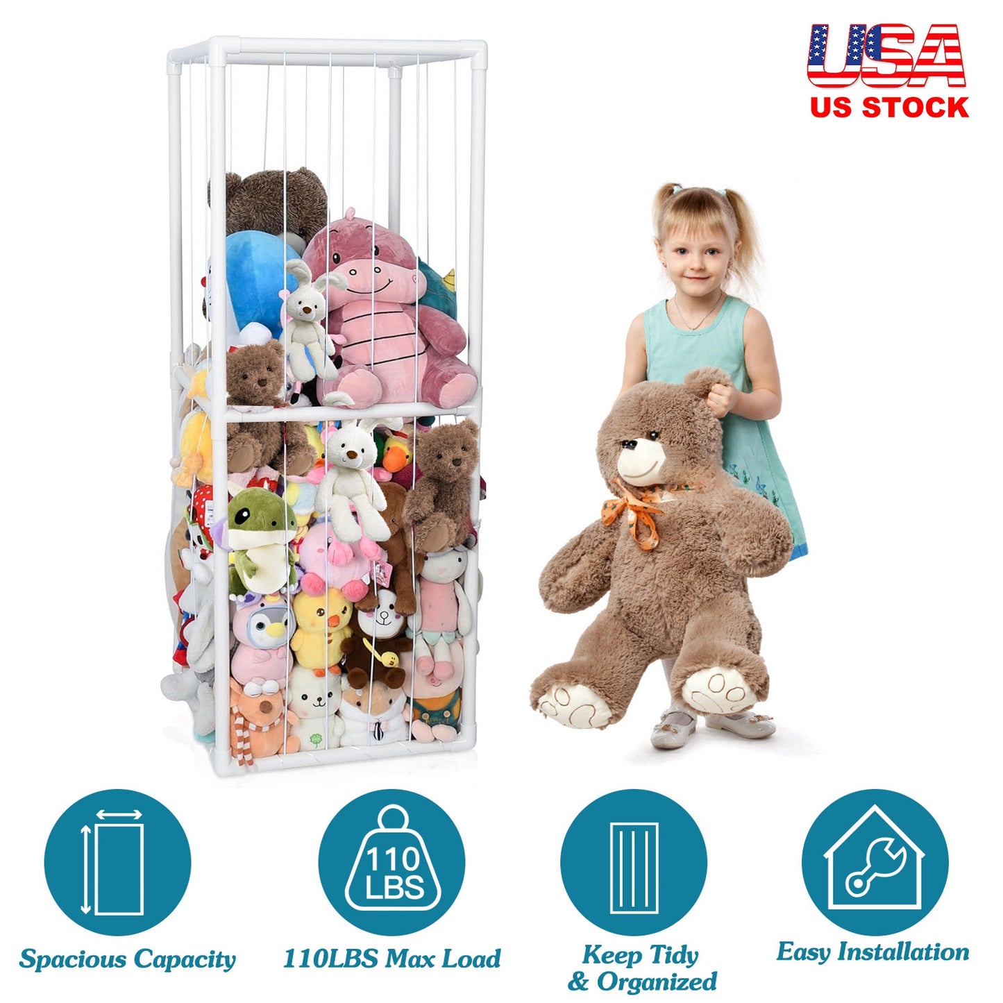 Stuffed Animal Storage PVC Plush Organizer Shelf Plush Stuffed Animal Holder Standing Kids Toy Storage Cage with Elastic Band for Nursery Play Room Be
