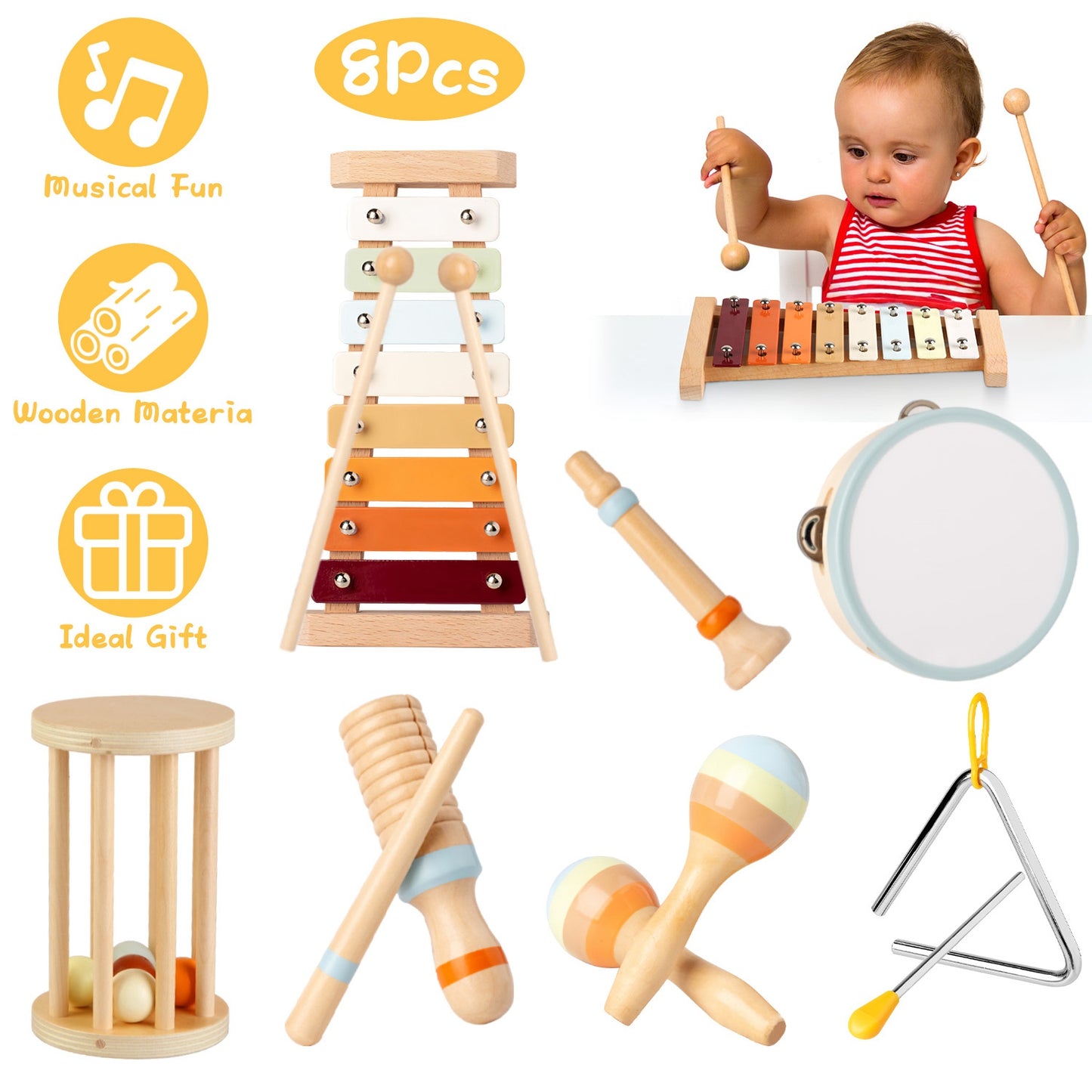 8Pcs Toddler Musical Toys Wooden Montessori Musical Instruments with Xylophone Tambourine Maracas for Boys Girls Aged 3 4 5 Years Old