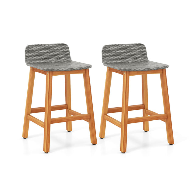 Solid Acacia Wood Bar Stools Set of 2 with Backrests and Footrests for Porch